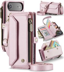Dteck - Crossbody Wallet Case for Apple iPhone Air with Card Slots and Zipper Pocket, RFID Blocking PU Leather Cover - Pink
