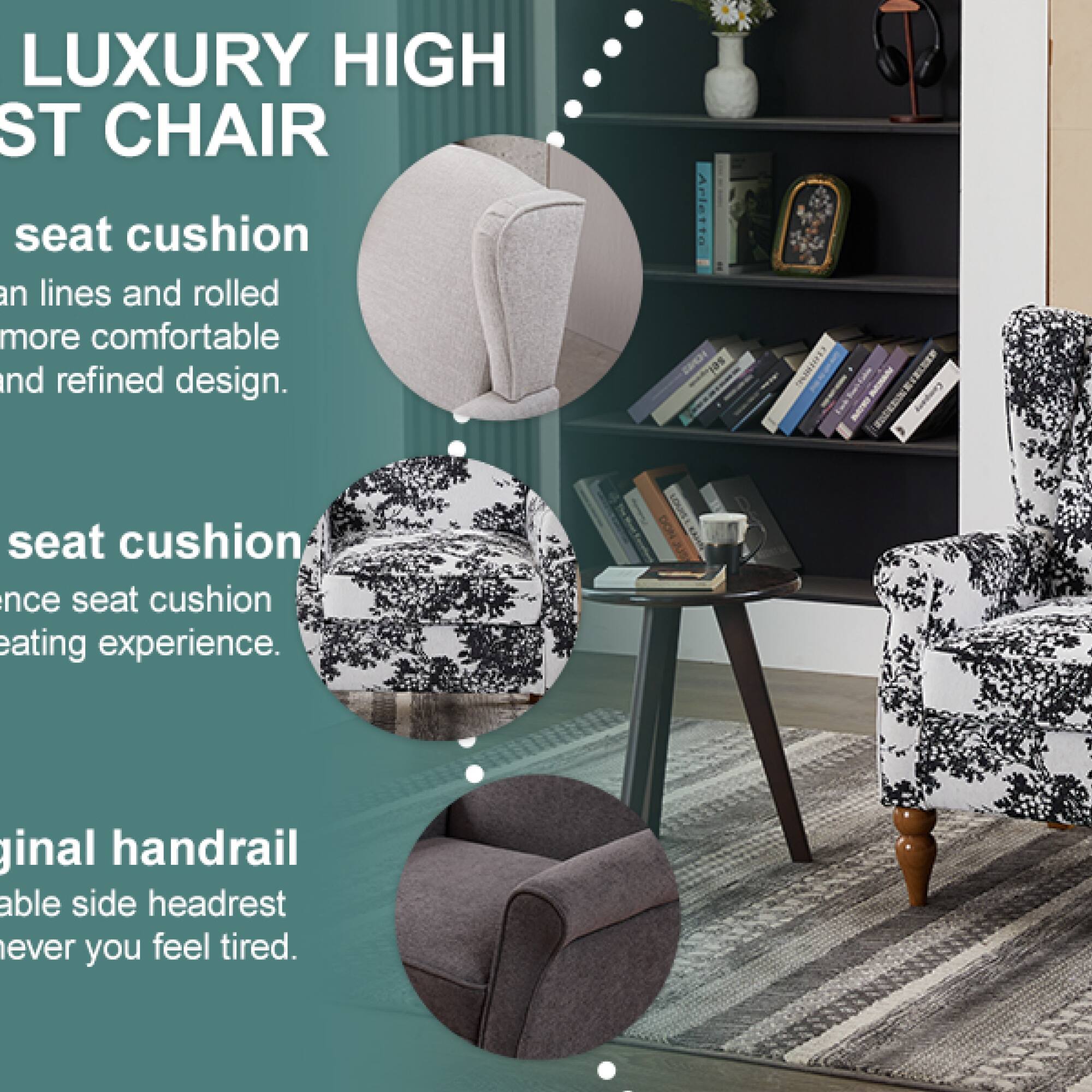 LUXURY HIGH ST CHAIR

seat cushion  
an lines and rolled  
more comfortable  
and refined design.

seat cushion  
nce seat cushion  
eating experience.

iginal handrail  
able side headrest  
ever you feel tired.