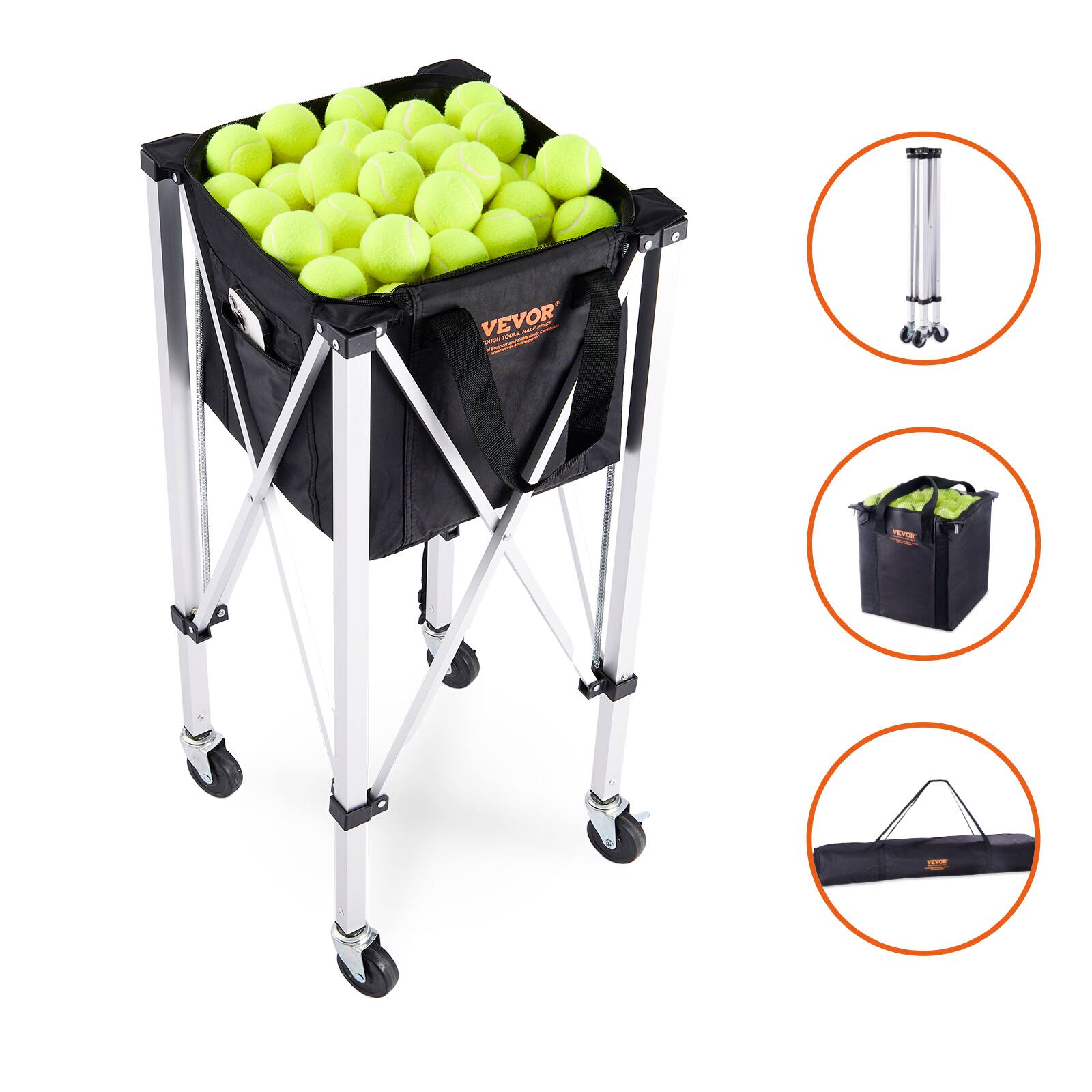 Alt View 5. VEVOR - Foldable Tennis Ball Hopper, Holds 150 Tennis Balls, Lightweight Aluminum Alloy Tennis Ball Basket Cart with Wheels - Black, Silver.