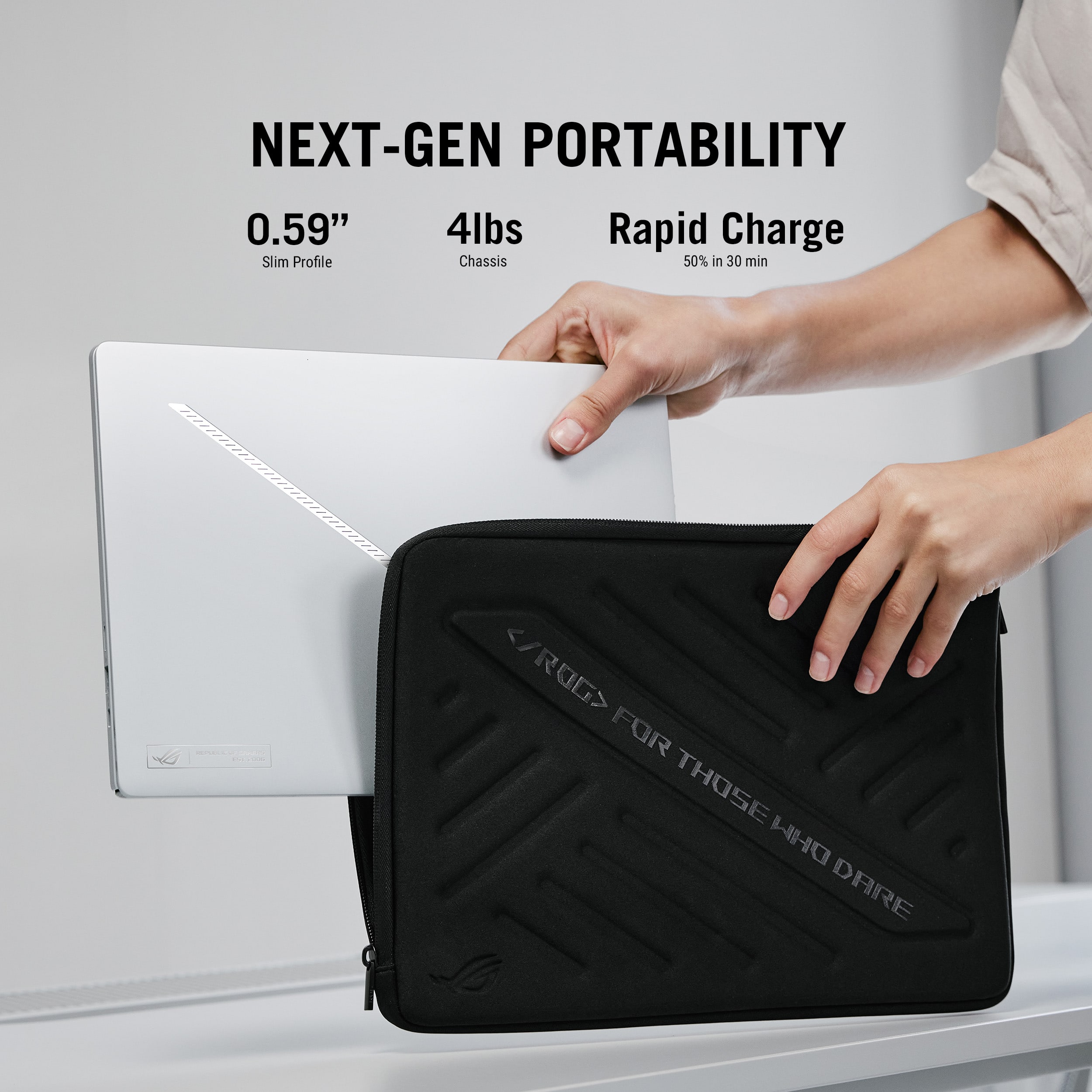 NEXT-GEN PORTABILITY: 0.59" 4lbs Rapid Charge Slim Profile Chassis 50% in 30 min ROG> FOR THOSE DHW DARE