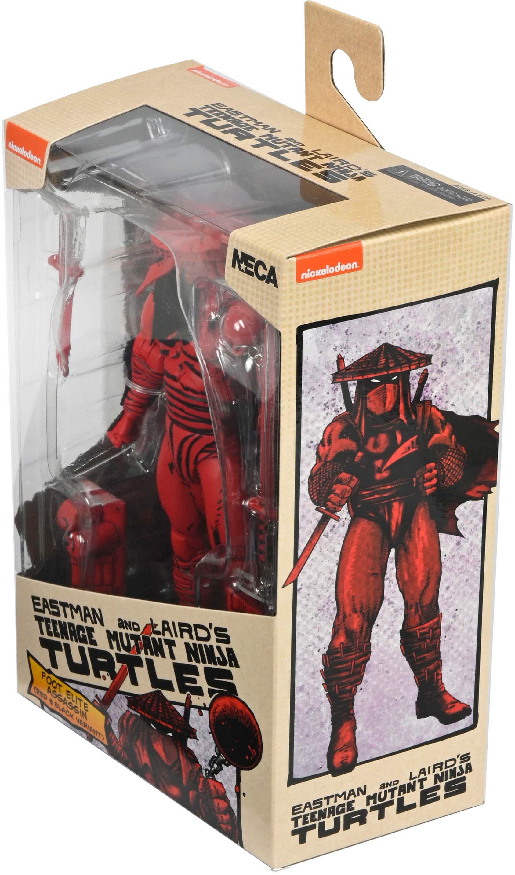 The image features a box containing a toy figure of a Teenage Mutant Ninja Turtle. The box is made of cardboard and has a clear window to showcase the toy figure. The toy figure is dressed in red and black, and it is holding a sword. The box is labeled with the name "Eastman and Laird's Teenage Mutant Ninja Turtles."
