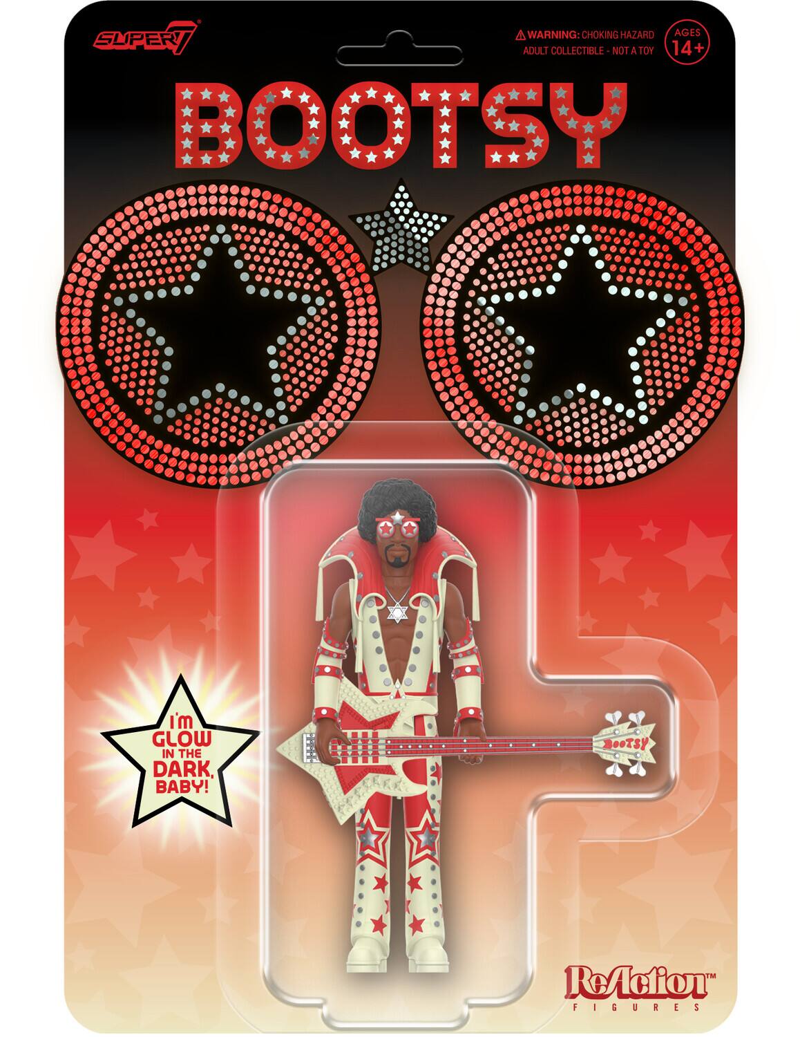 A WARNING: CHOKING HAZARD AGES SUPER ADULT COLLECTIBLE- NOT A TOY 14+ BOOTSY I'm GLOW IN THE DARK, BABY! BOOTSY TH RAAction FIGURES

SLIPPERY

BOOTSY

WARNING: CHOKING HAZARD ADULT COLLECTIBLE - NOT A TOY

AGES 14+

I'm GLOW IN THE DARK, BABY!

ReAction FIGURES