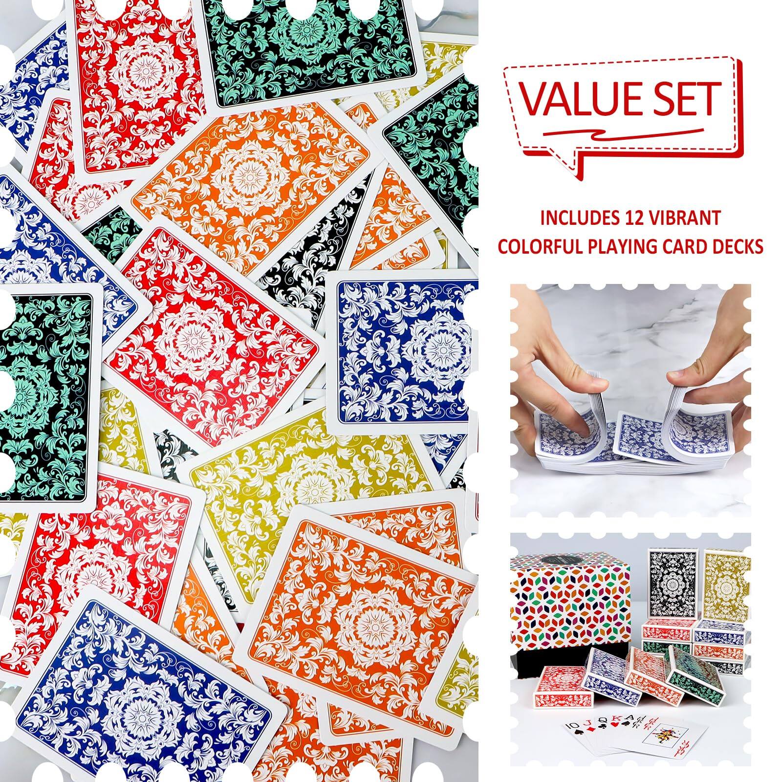 VALUE SET  
INCLUDES 12 VIBRANT COLORFUL PLAYING CARD DECKS