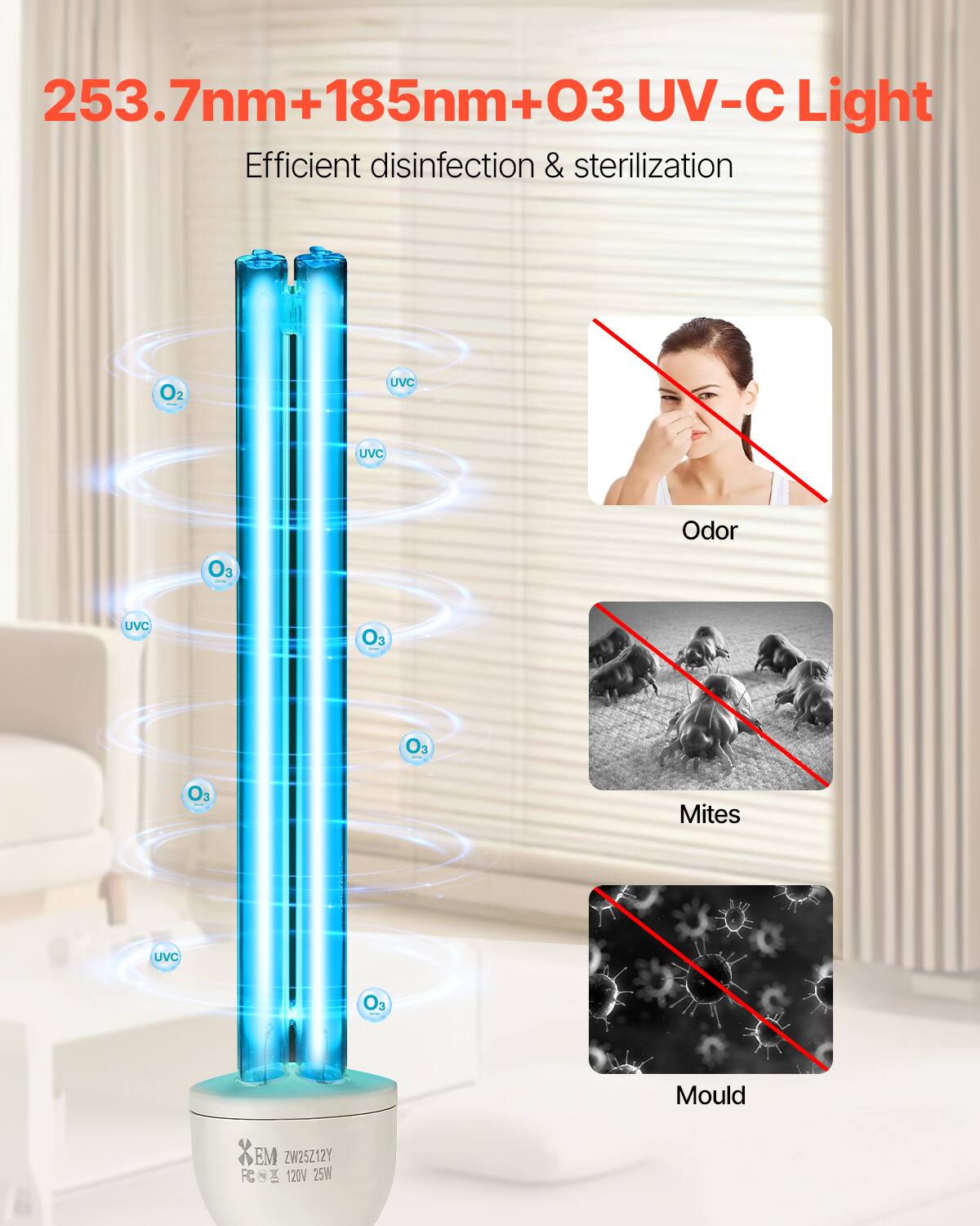 253.7nm + 185nm + O3 UV-C Light

Efficient disinfection & sterilization

- Odor
- Mites
- Mold
