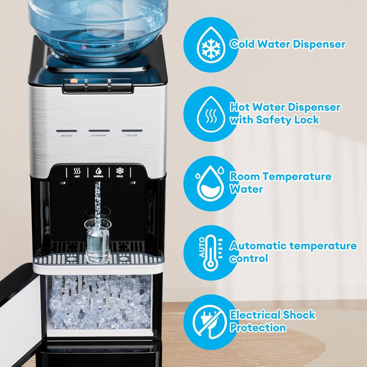 - Cold Water Dispenser
- Hot Water Dispenser with Safety Lock
- Room Temperature Water
- Automatic temperature control
- Electrical Shock Protection