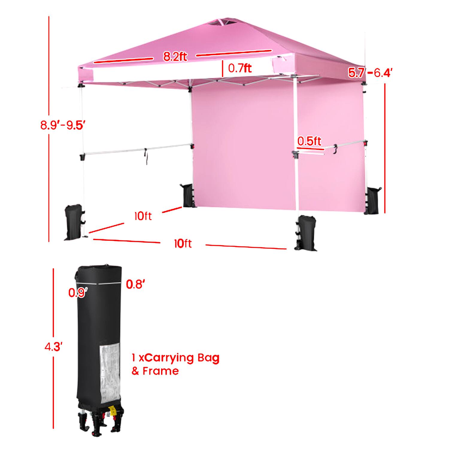 8.2ft  
0.7ft  
5.7-6.4'  
8.9'-9.5'  
0.5ft  
10ft  
10ft  
0.9'  
0.8'  
4.3'  
1 xCarrying Bag & Frame
