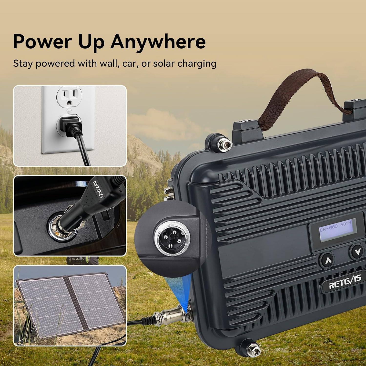 Power Up Anywhere  
Stay powered with wall, car, or solar charging  

12V/24V  
BOTH  
CH-008  
RETG/IS