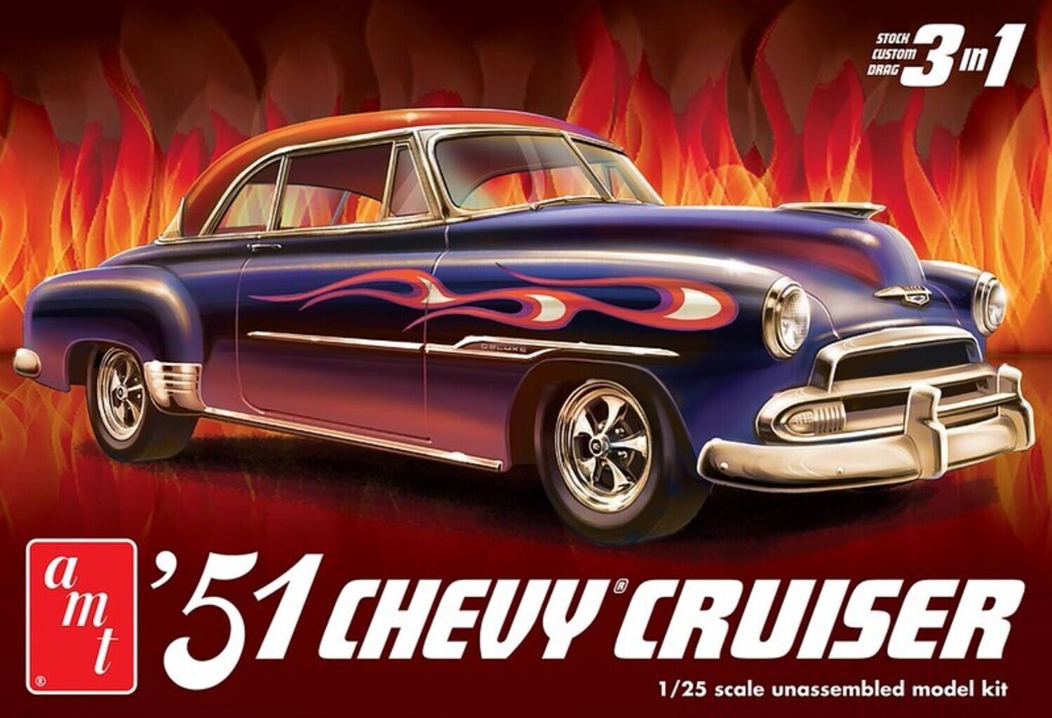 STOCK CUSTOM 3 in 1 DRAG  
a m t '51 CHEVY CRUISER  
1/25 scale unassembled model kit