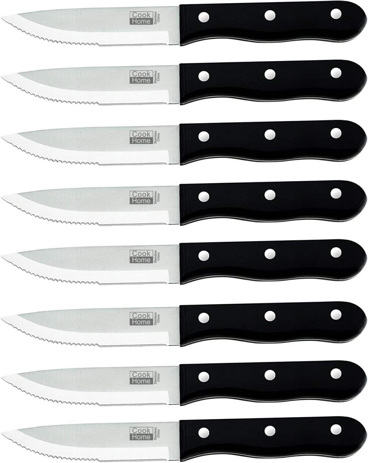 Cook N Home - 8PCS Basic Steak Knife Set, Carbon Alloy Stainless Steel Serrated Blades with Ergonomic Bakelite Handles,Black
