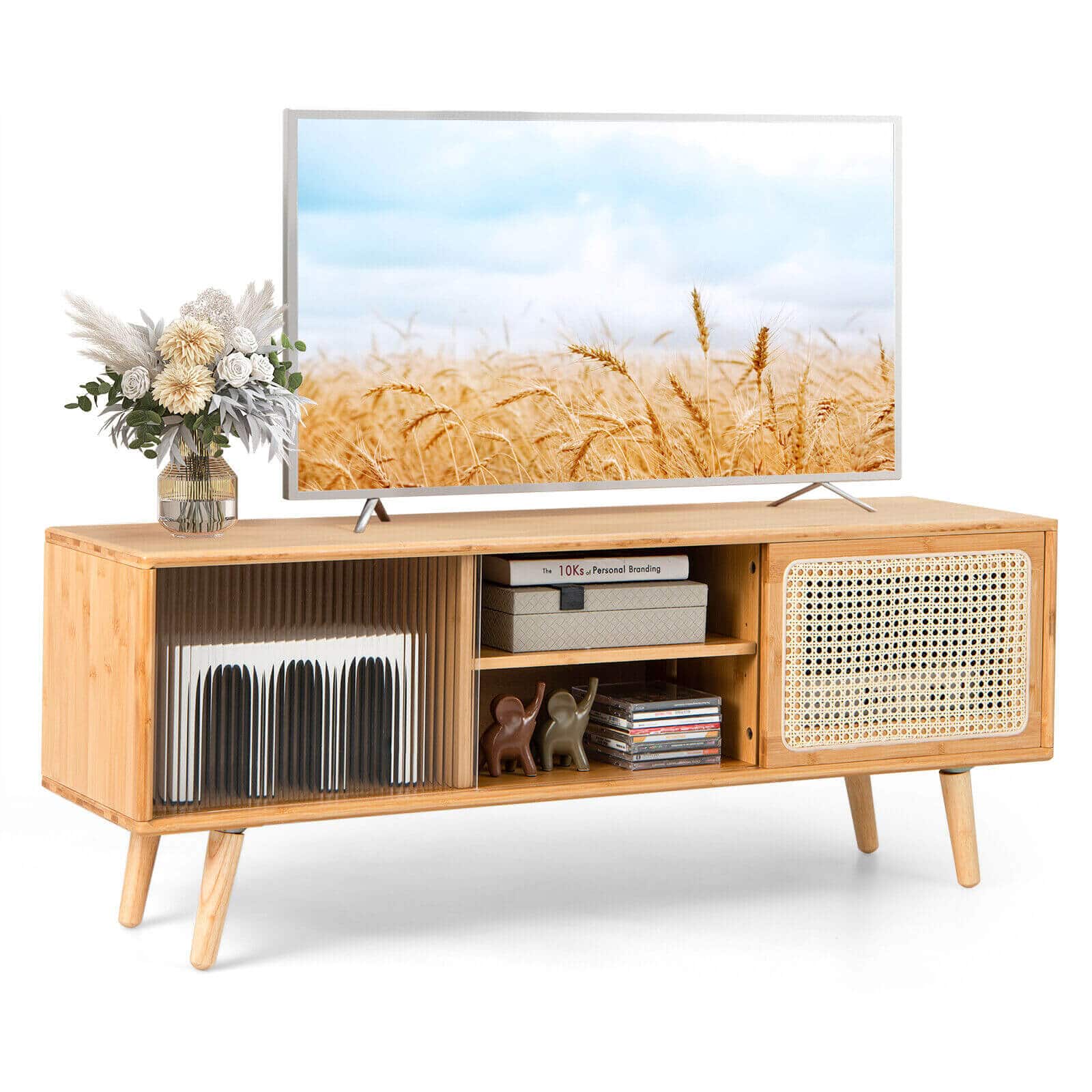 Ecooso - TV Stand with Rattan Glass Sliding Doors and Storage Shelves for Living Room - Natural