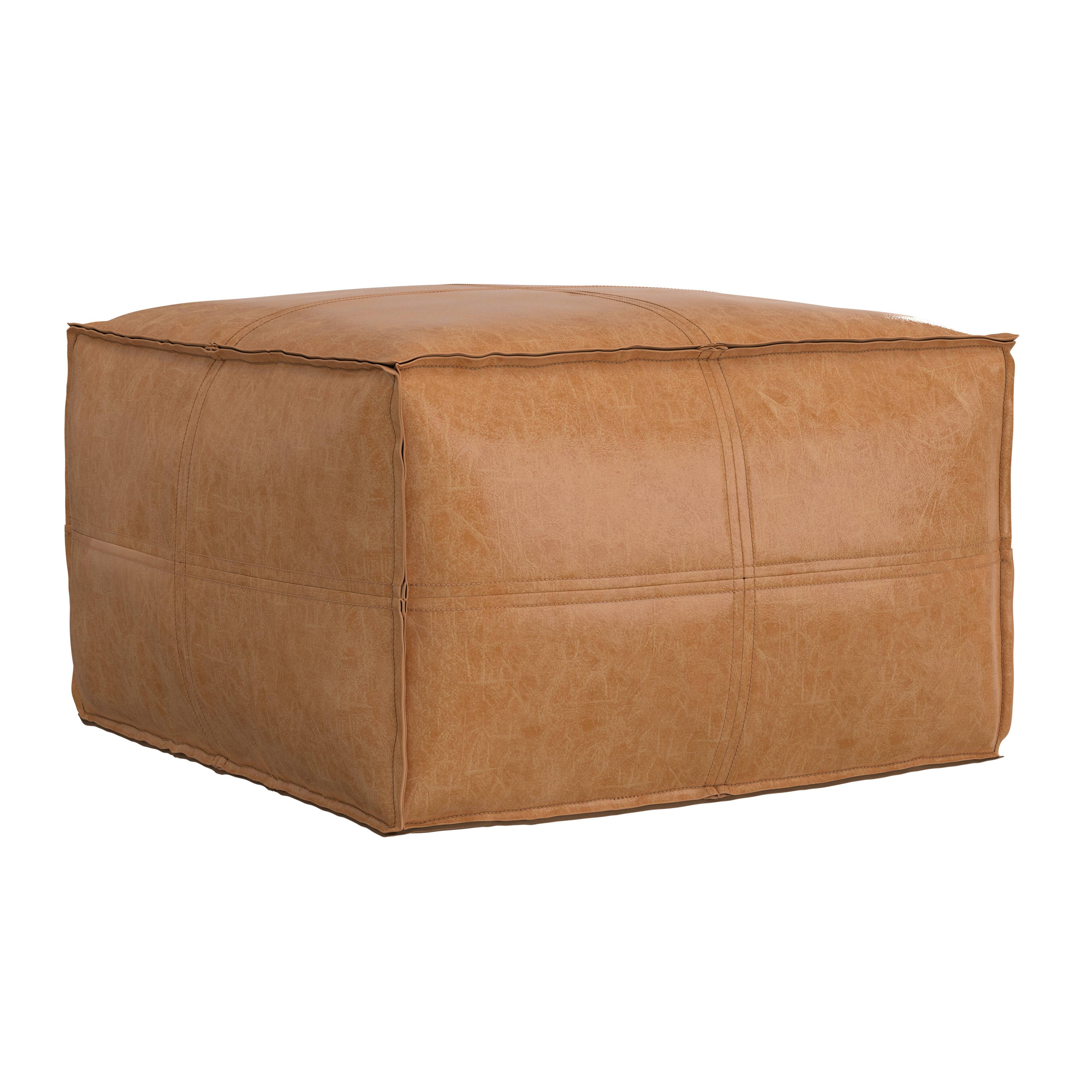 Angle. Simpli Home - Simpli Home Brody 24W Square Top Stitch Pouf - Distressed Camel Brown.
