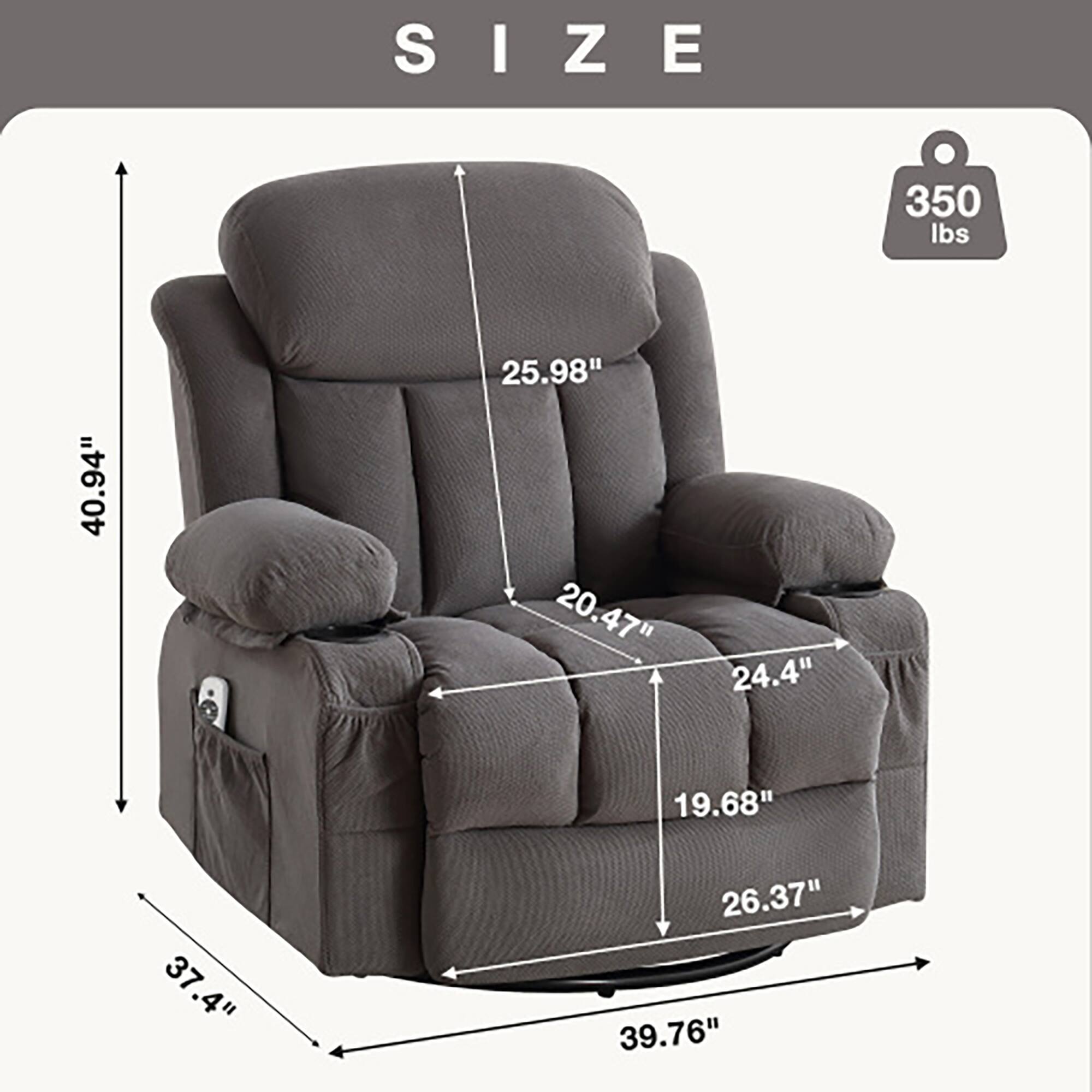 S I Z E

350 lbs

40.94"  
25.98"  
20.47"  
24.4"  
19.68"  
37.4"  
39.76"  
26.37"