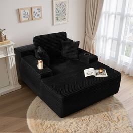 Ovios - 67'' Fluffy Chaise Lounge Chair, Sofa Bed with Cup Holders, Sleeper Couch for Living Room - Black(Plush Corduroy)