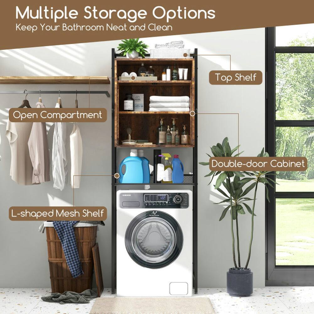 Multiple Storage Options  
Keep Your Bathroom Neat and Clean  

- Top Shelf  
- Open Compartment  
- L-shaped Mesh Shelf  
- Double-door Cabinet