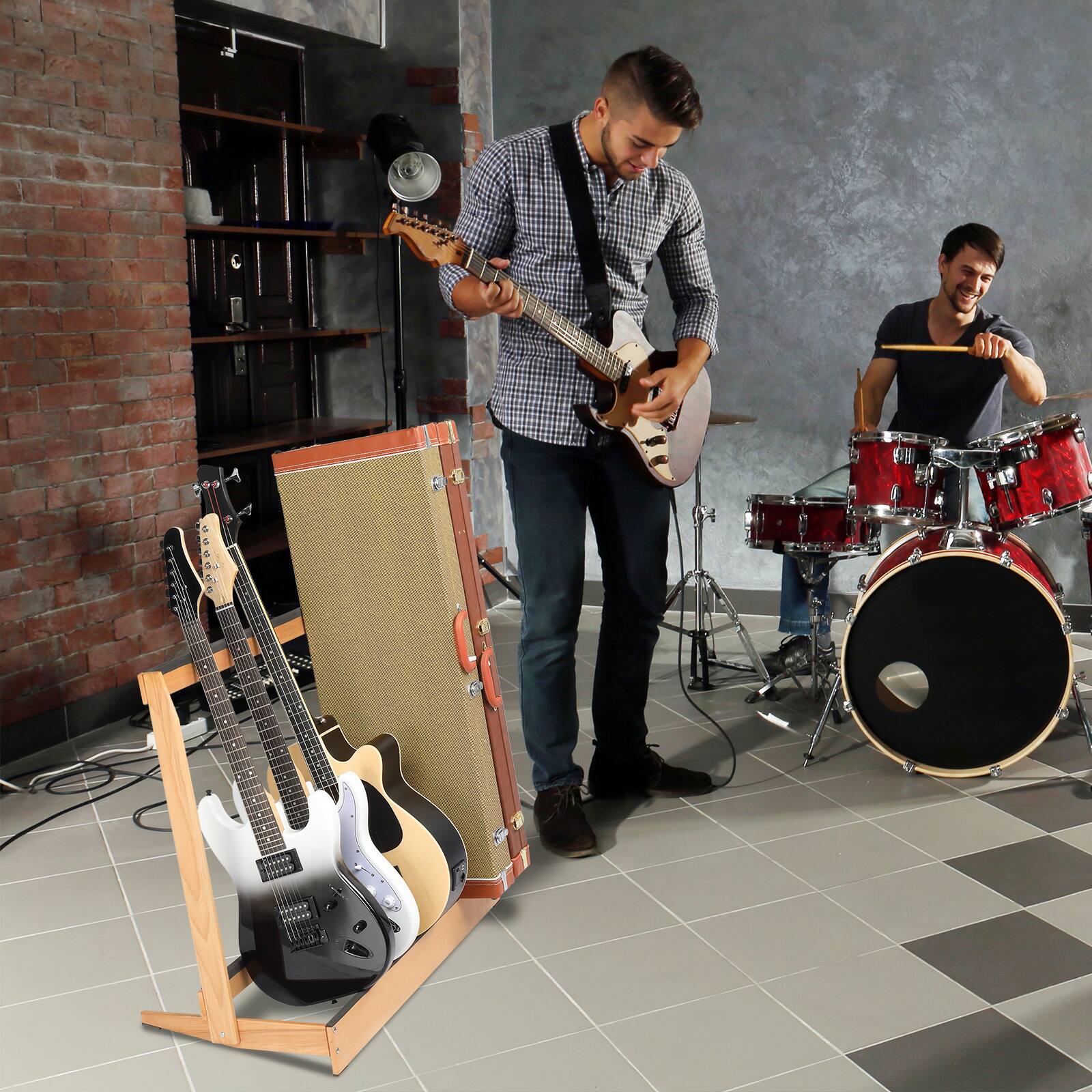 Left. Winado - Folding Guitar Cases Stand, Wooded Multiple Guitar Case Floor Rack for Electric Guitar, Bass, and Acoustic Guitars.