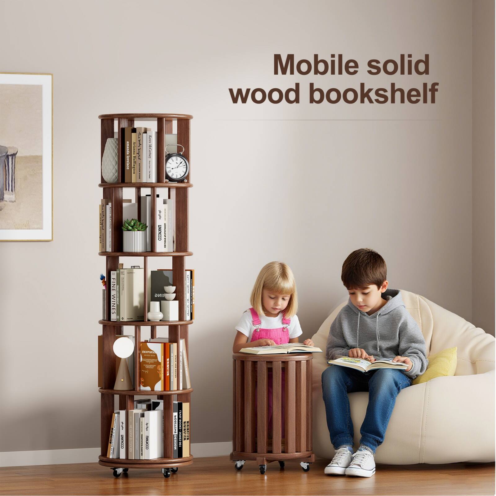 Mobile solid wood bookshelf