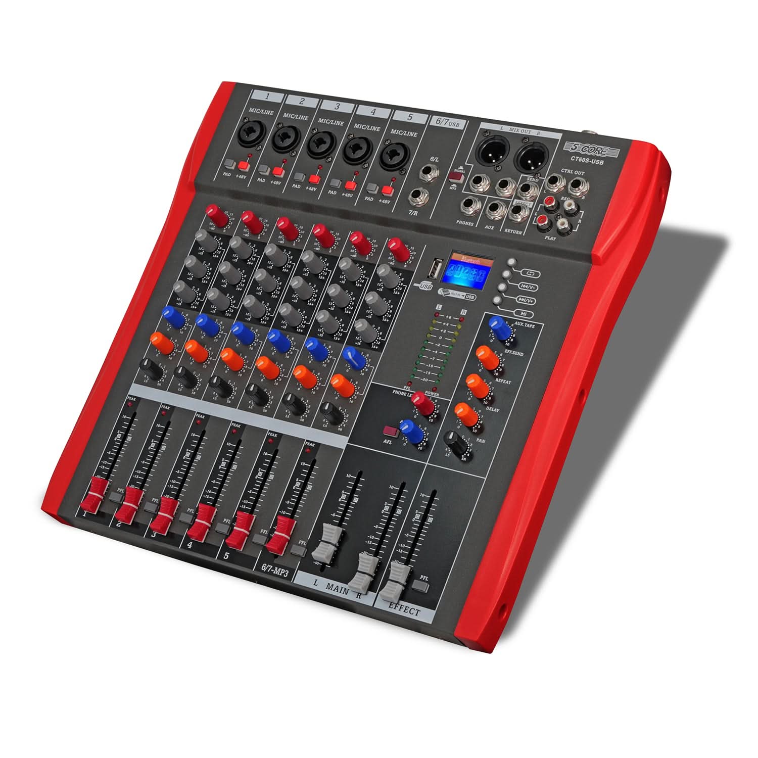 5 CORE - Audio Mixer 6 Channel DJ Soundboard USB Interface Bluetooth Mixing Console w Repeat Delay +48V