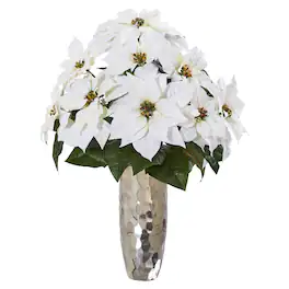 BreeBe - 27" Poinsettia Arrangement in Silver Cylinder Vase - White, Green