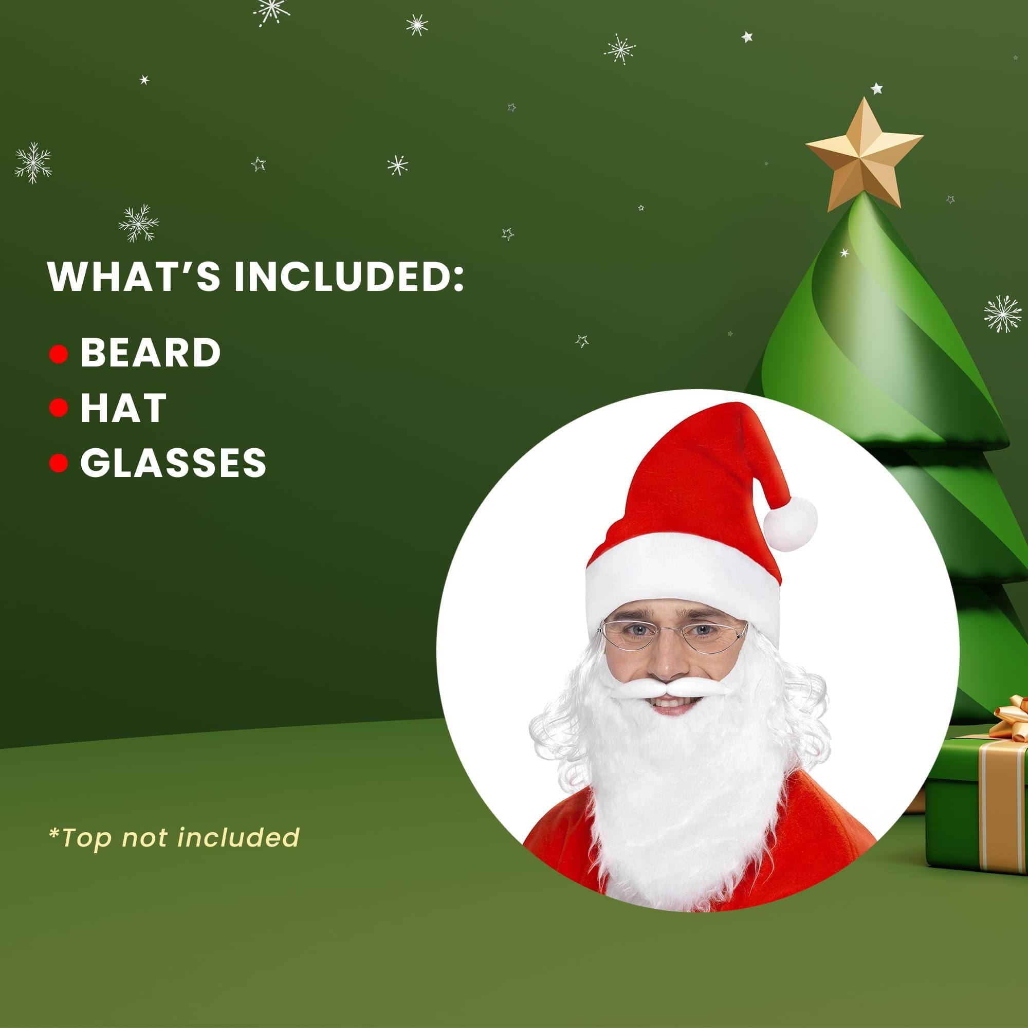 WHAT'S INCLUDED:  
- BEARD  
- HAT  
- GLASSES  

*Top not included
