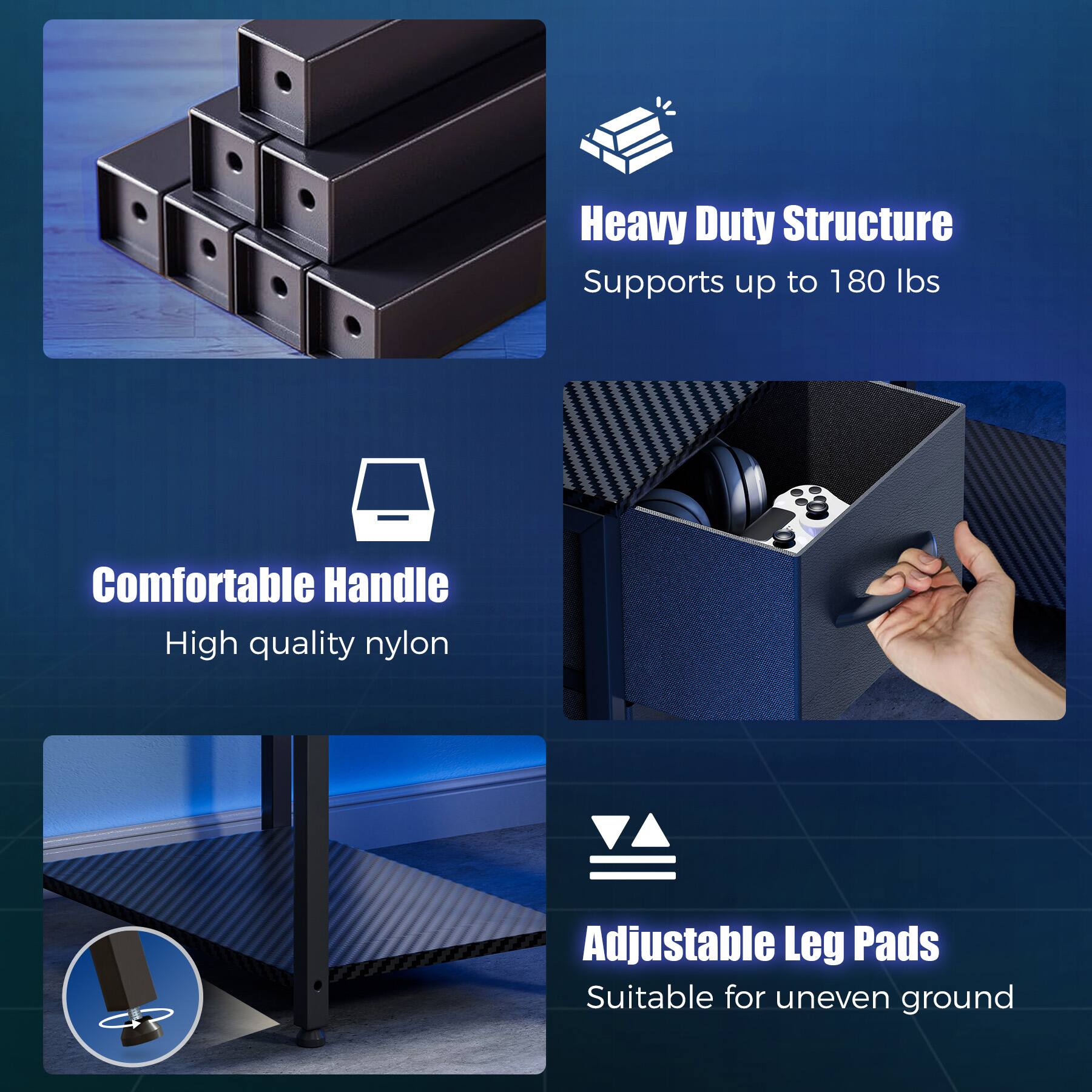 Heavy Duty Structure Supports up to 180 Ibs, Comfortable Handle High quality nylon, Adjustable Leg Pads Suitable for uneven ground