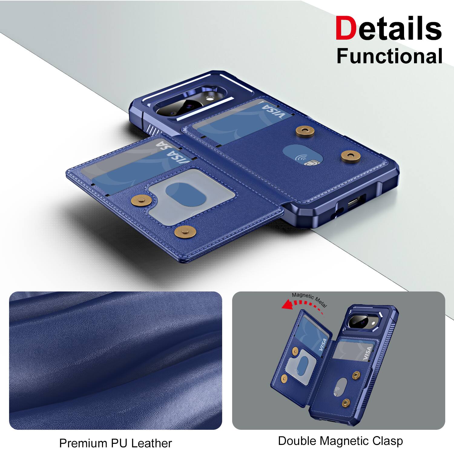 Details  
Functional  

Premium PU Leather  

Double Magnetic Clasp  

Magnetic Metal