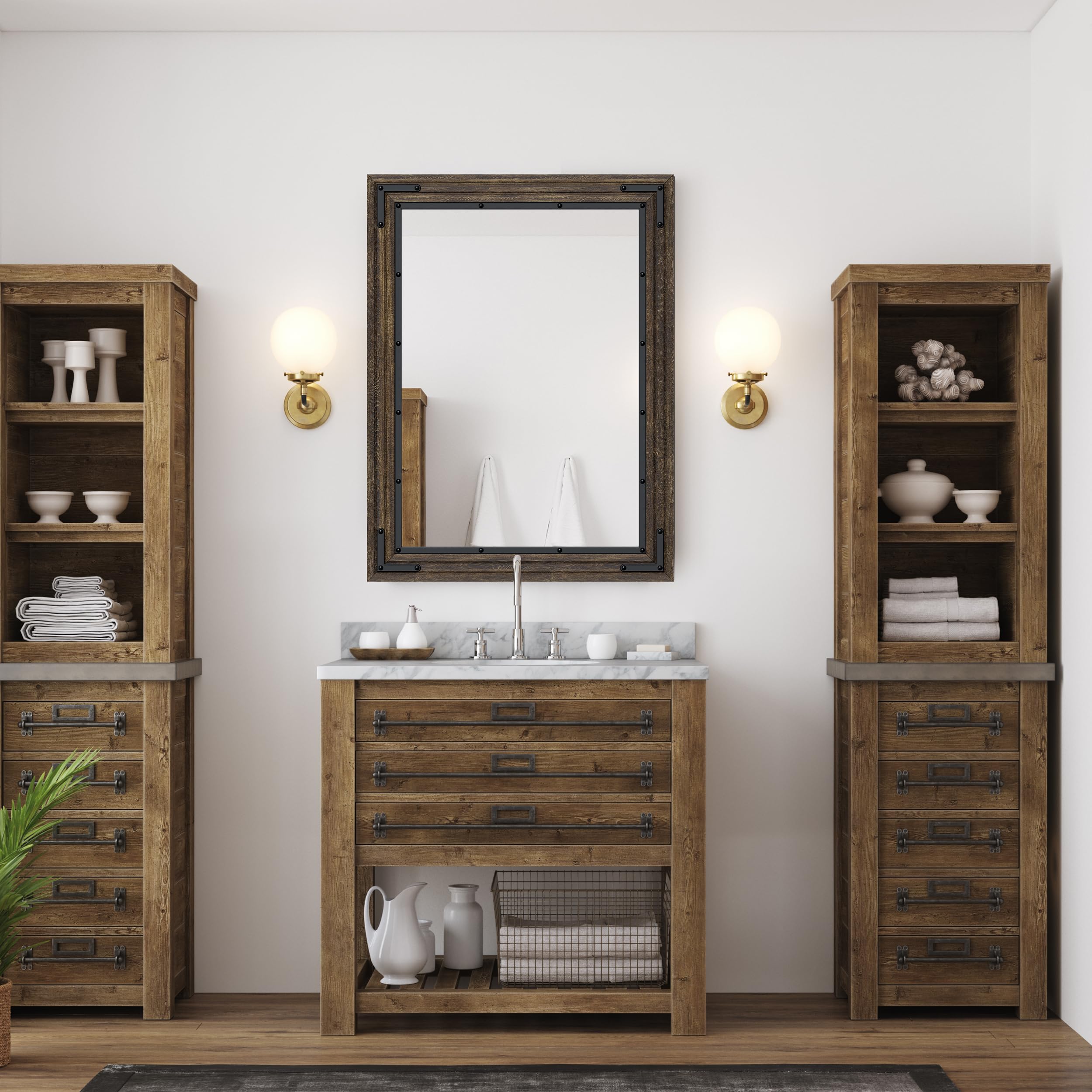 Back. TECH SAFARI - Farmhouse Bathroom Mirror Rustic Wood Wooden Framed Vanity Solid Handmade Vertical Or Horizontal Hanging Fo - Brown 32"L x 24"W.