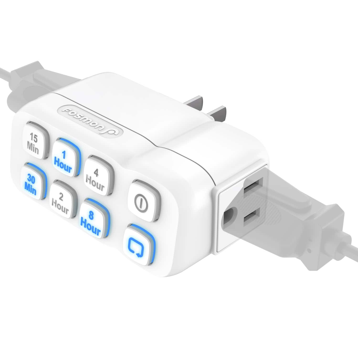 Fosmon - Countdown Plug-in Timer Outlet, ETL Listed Timer for Electrical Outlets Indoor, 15-30 Min 1-2-4-8 Hour, Grounded 3-Prong - White