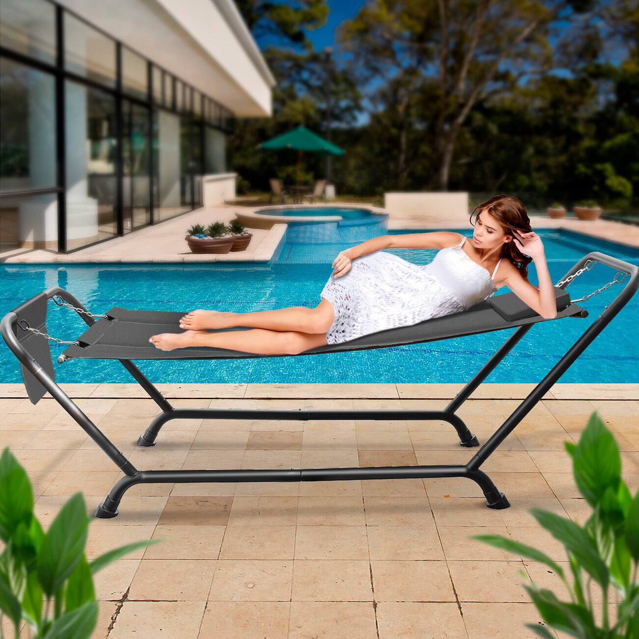 Back. Sorbus - Sorbus Cozy Hammock Bed- Patio Hammock with Stand w/Pillow and Storage Pockets - For Patio, Garden, Backyard, Poolside - Gray.