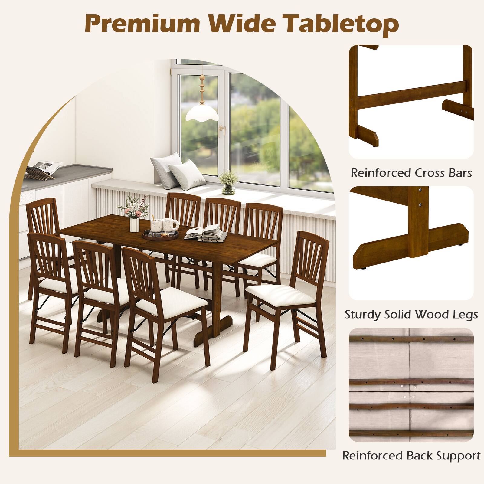 Premium Wide Tabletop  
Reinforced Cross Bars  
Sturdy Solid Wood Legs  
Reinforced Back Support