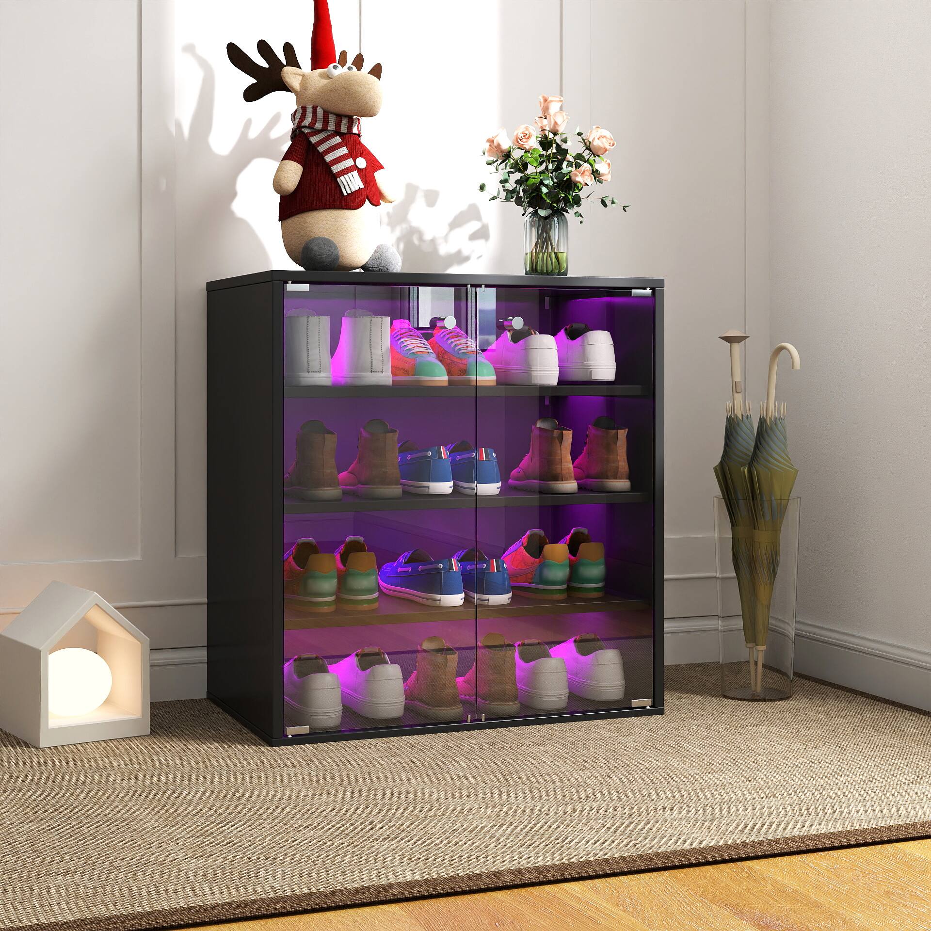 Angle. Spaco - Spaco 4 Tier Design Shoe Box with RGB LED Light, Stackable Shoe Storage Display Case for Sneakers,Wooden - Black.