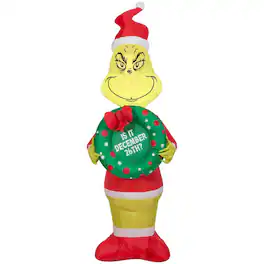 Gemmy - Airblown LED Grinch Holding Wreath 4 ft. Inflatable - Multicolored