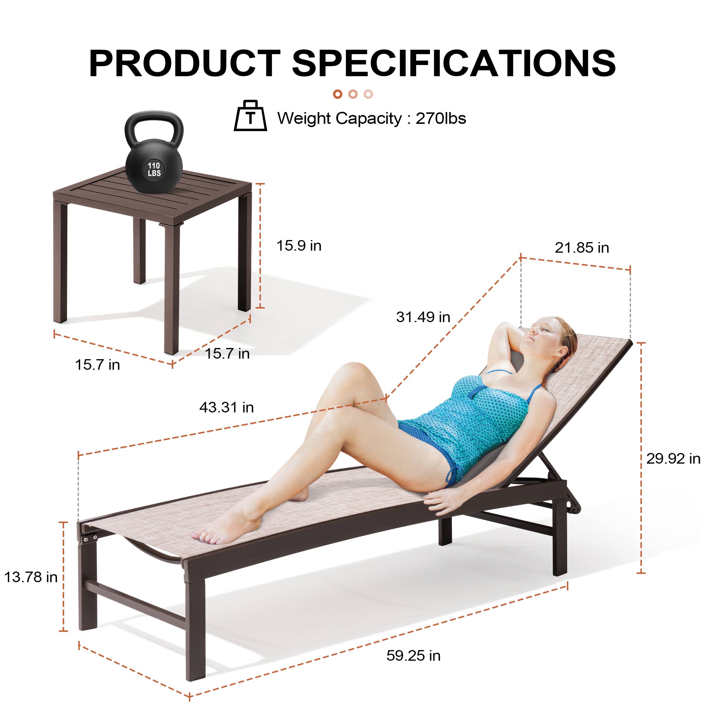 PRODUCT SPECIFICATIONS

- Weight Capacity: 270lbs
- Table Dimensions: 15.9 in x 15.7 in x 15.7 in
- Table Height: 21.85 in
- Bench Length: 59.25 in
- Bench Width: 29.92 in
- Bench Height: 13.78 in
- Bench Seat Height: 43.31 in
- Bench Back Height: 31.49 in