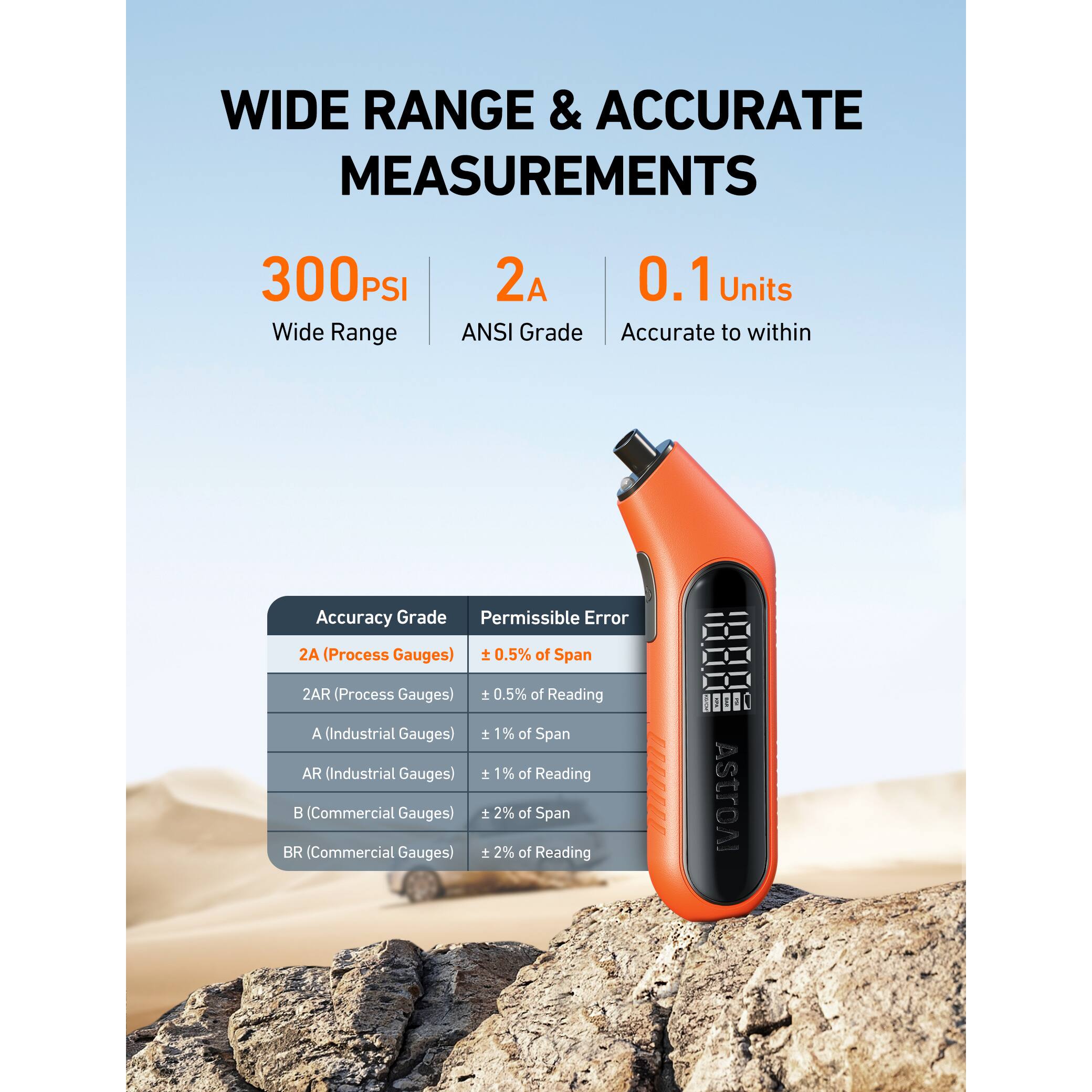 WIDE RANGE & ACCURATE MEASUREMENTS
300 PSI
Wide Range
2A
ANSI Grade
0.1 Units
Accurate to within
Accuracy Grade | Permissible Error
2A (Process Gauges) | ± 0.5% of Span
2AR (Process Gauges) | ± 0.5% of Reading
A (Industrial Gauges) | ± 1% of Span
AR (Industrial Gauges) | ± 1% of Reading
B (Commercial Gauges) | ± 2% of Span
BR (Commercial Gauges) | ± 2% of Reading