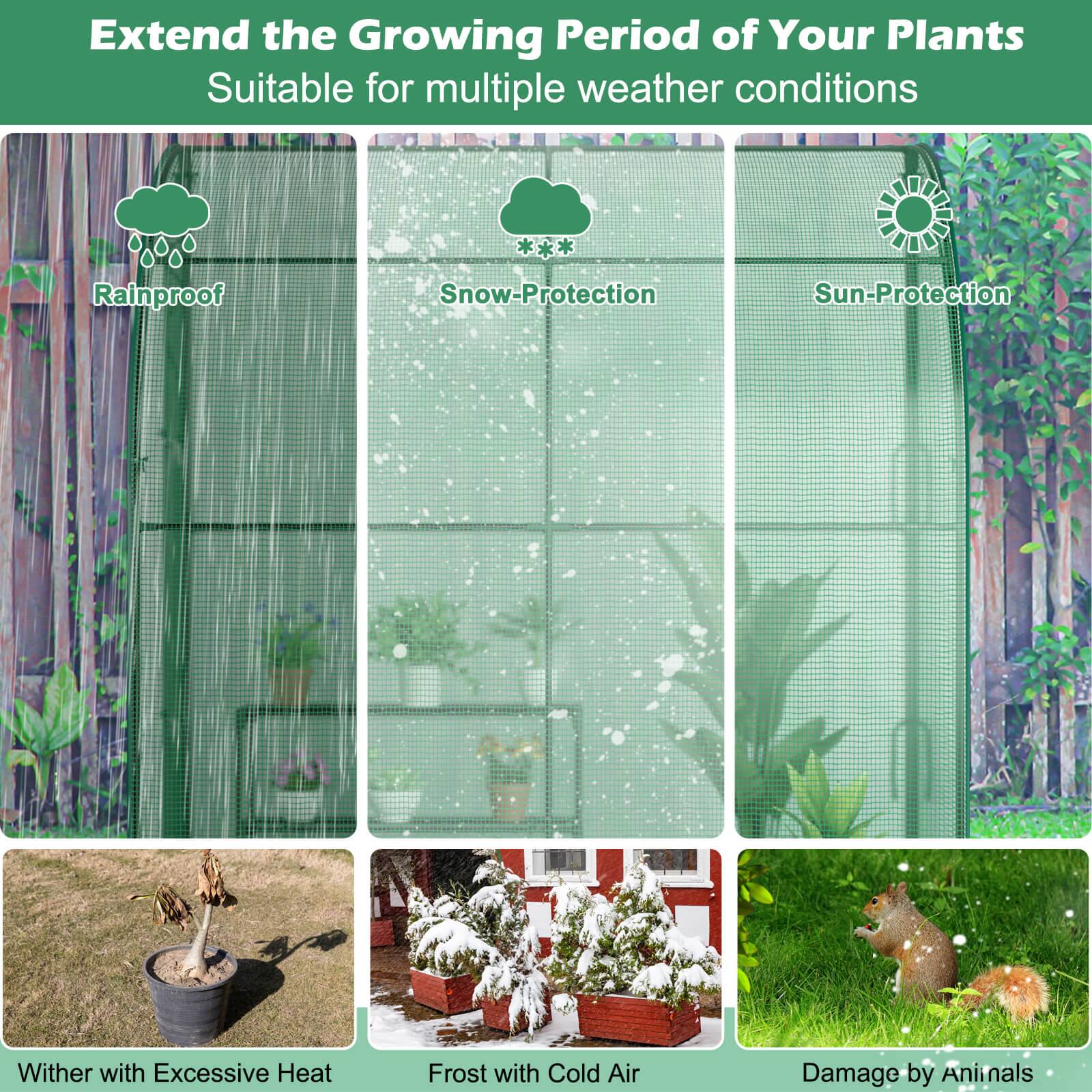 Extend the Growing Period of Your Plants  
Suitable for multiple weather conditions

- Rainproof
- Snow-Protection
- Sun-Protection
- Wither with Excessive Heat
- Frost with Cold Air
- Damage by Animals