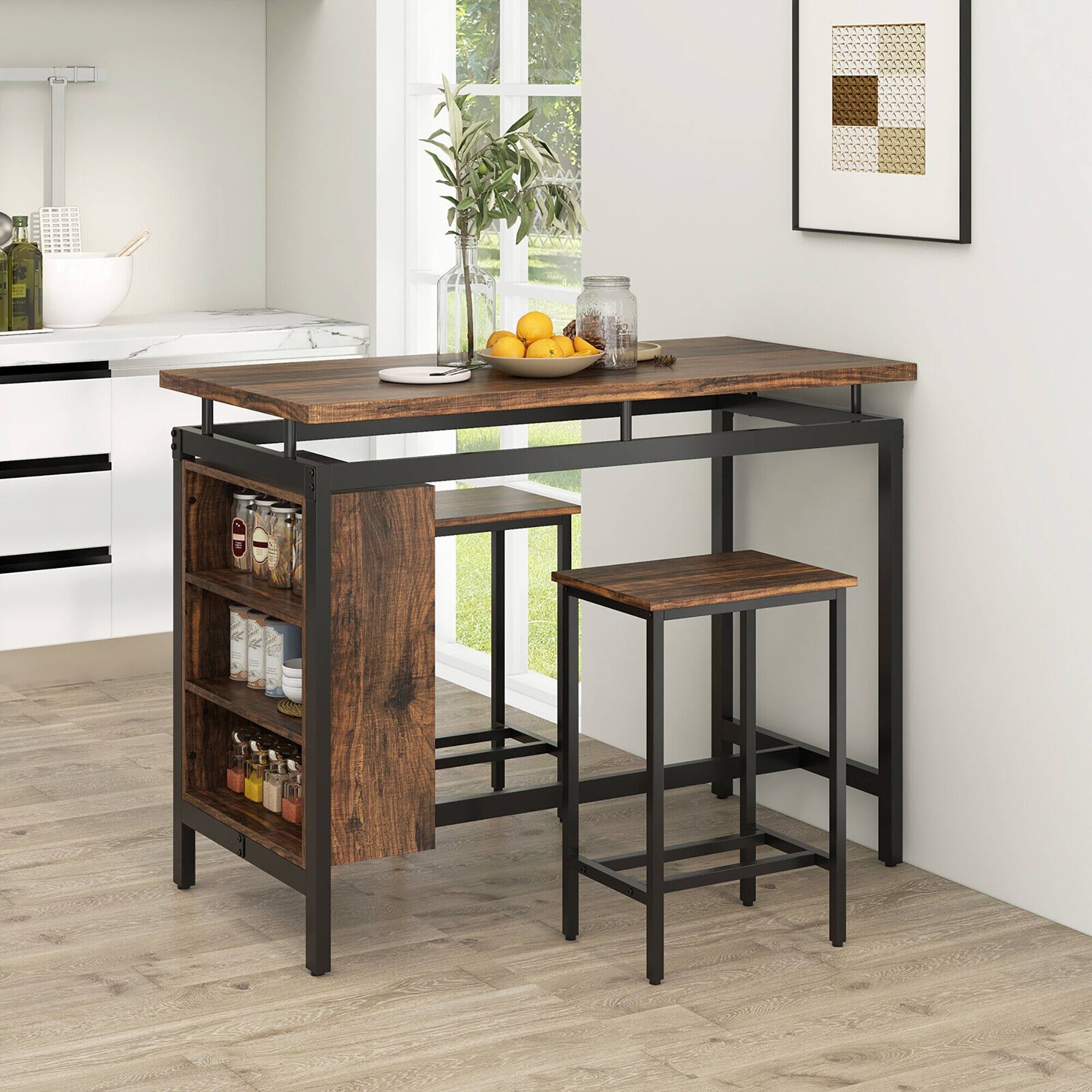 Alt View 1. Gymax - Gymax 3-Piece Dining Table Set Bistro Table & 2 Bar Stools w/ 3-Tier Storage Shelf - Brown, Black.
