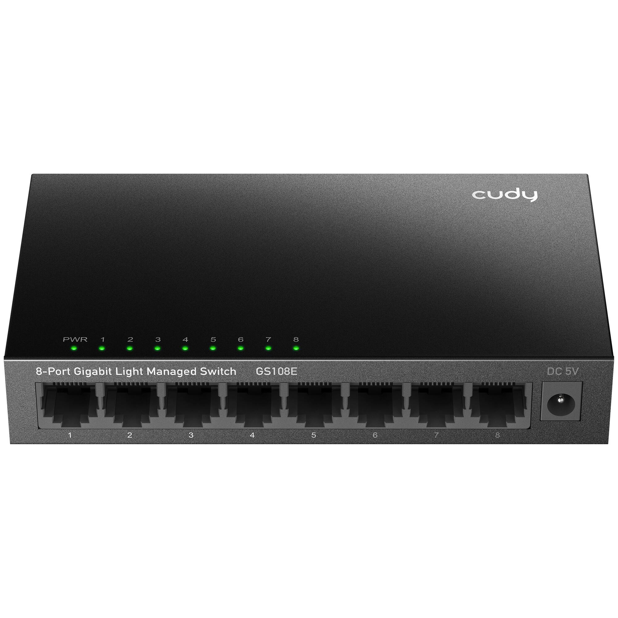 cudy  
PWR 1 2 3 4 5 6 7 8  
8-Port Gigabit Light Managed Switch GS108E  
DC 5V