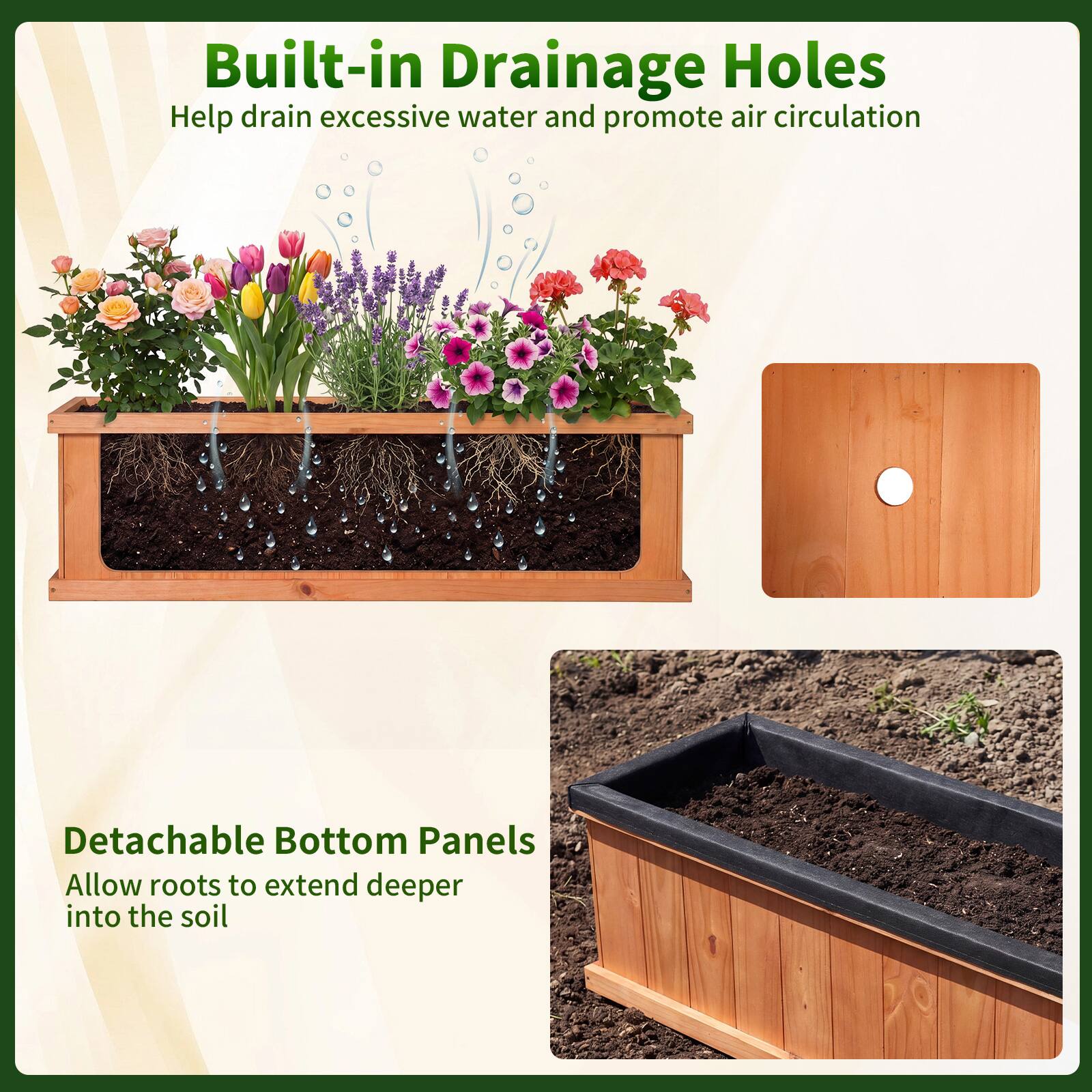Built-in Drainage Holes  
Help drain excessive water and promote air circulation  

Detachable Bottom Panels  
Allow roots to extend deeper into the soil