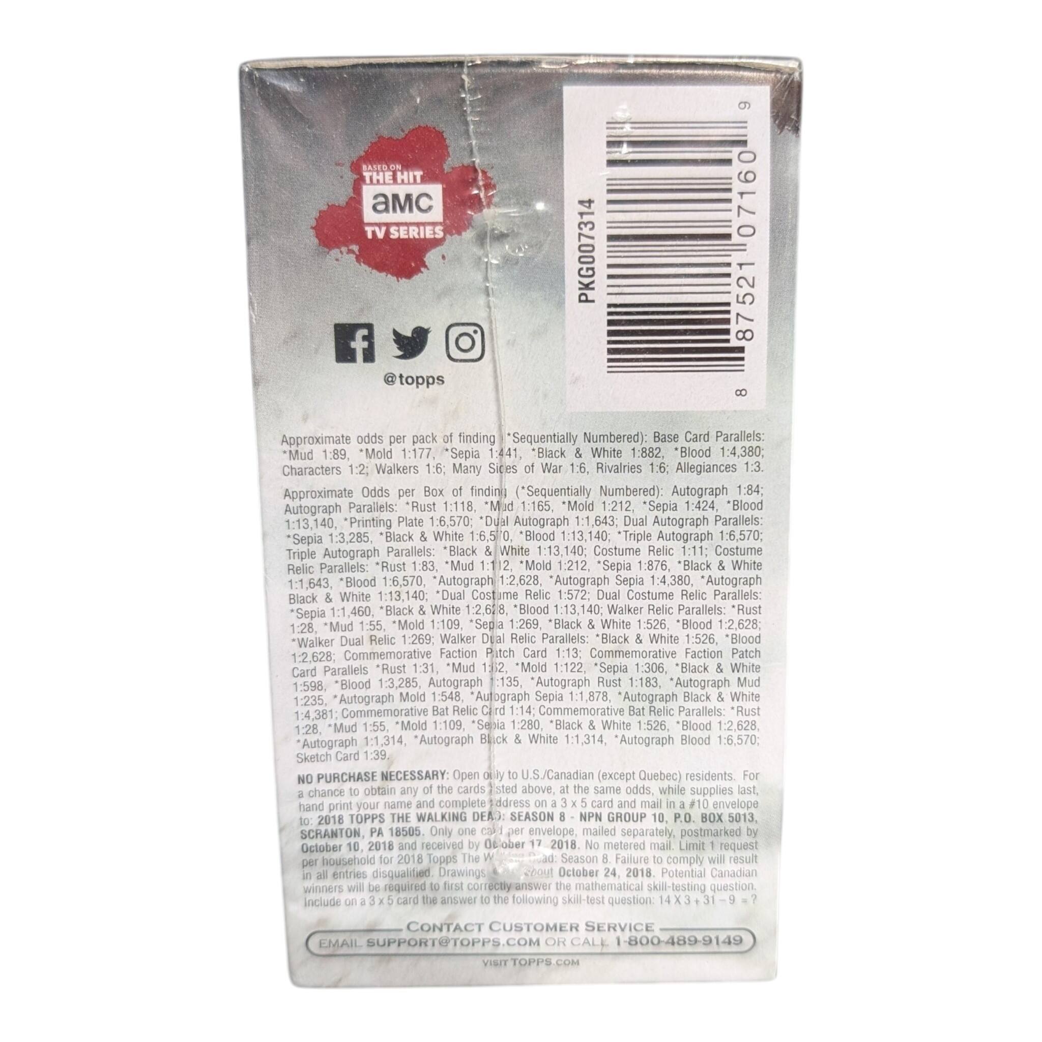 THE MC SERIES f @topps PKG007314 07160 87521

Approximate odds per pack of finding "Sequentially Numbered): Parallels "Mold 1:177. "Sepia 1:441, *Black 1:882, Blood 1:4,380

Characters Walkers Many Rivalries Allegiances

Approximate odds per Box of finding (Sequentially Numbered): Autograph Autograph Parallels: 1:118 1:165 1:212, Sepia 1:424 "Blood 1:13,140, Printing 1:6,570; Autograph 1:1,643; Autograph Parallels "Sepia 1:3,285. Black White 1:6,5 *Blood 1:13,140; *Triple Autograph 1:6,570; Triple Autograph Parallels: Black White 1:13,140; Costume Costume Parallels: 1:112 *
