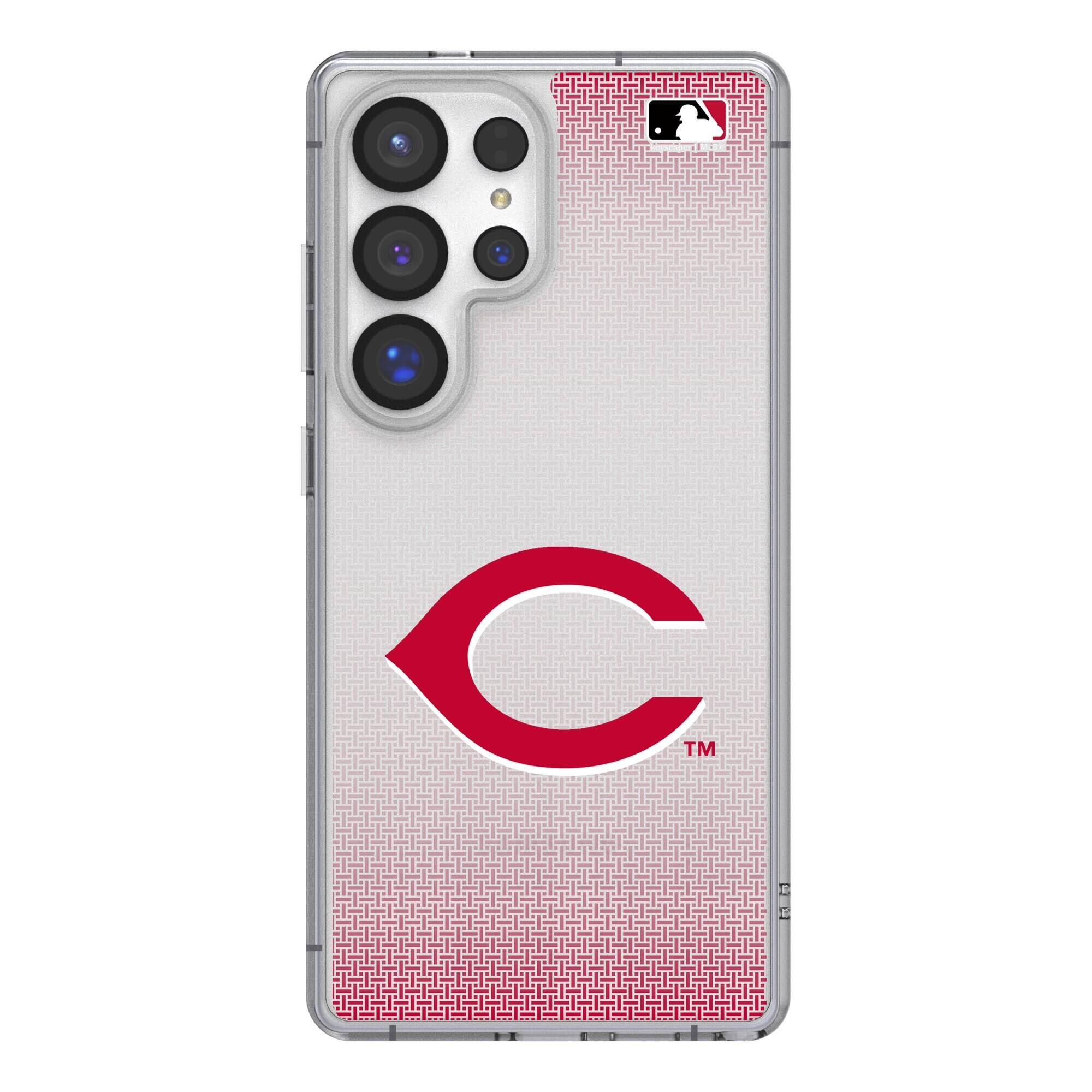 Front. Keyscaper - Cincinnati Reds Linen Logo Galaxy Clear Case - S25 Plus - Multicolor.