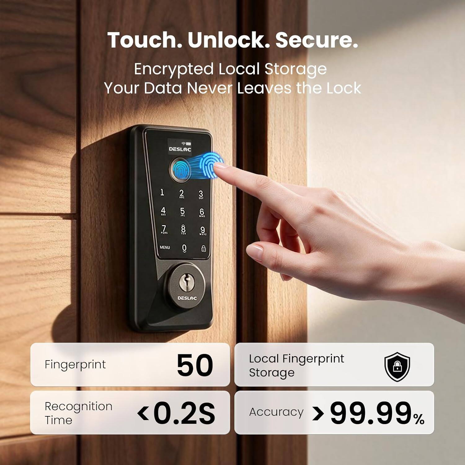 Touch. Unlock. Secure.  
Encrypted Local Storage  
Your Data Never Leaves the Lock  

DESLAC  
1  
2  
3  
4  
5  
6  
7  
8  
9  
0  
MENU  

DESLAC  
Fingerprint  
50  
Local Fingerprint Storage  
Recognition <0.2S  
Accuracy >99.99%