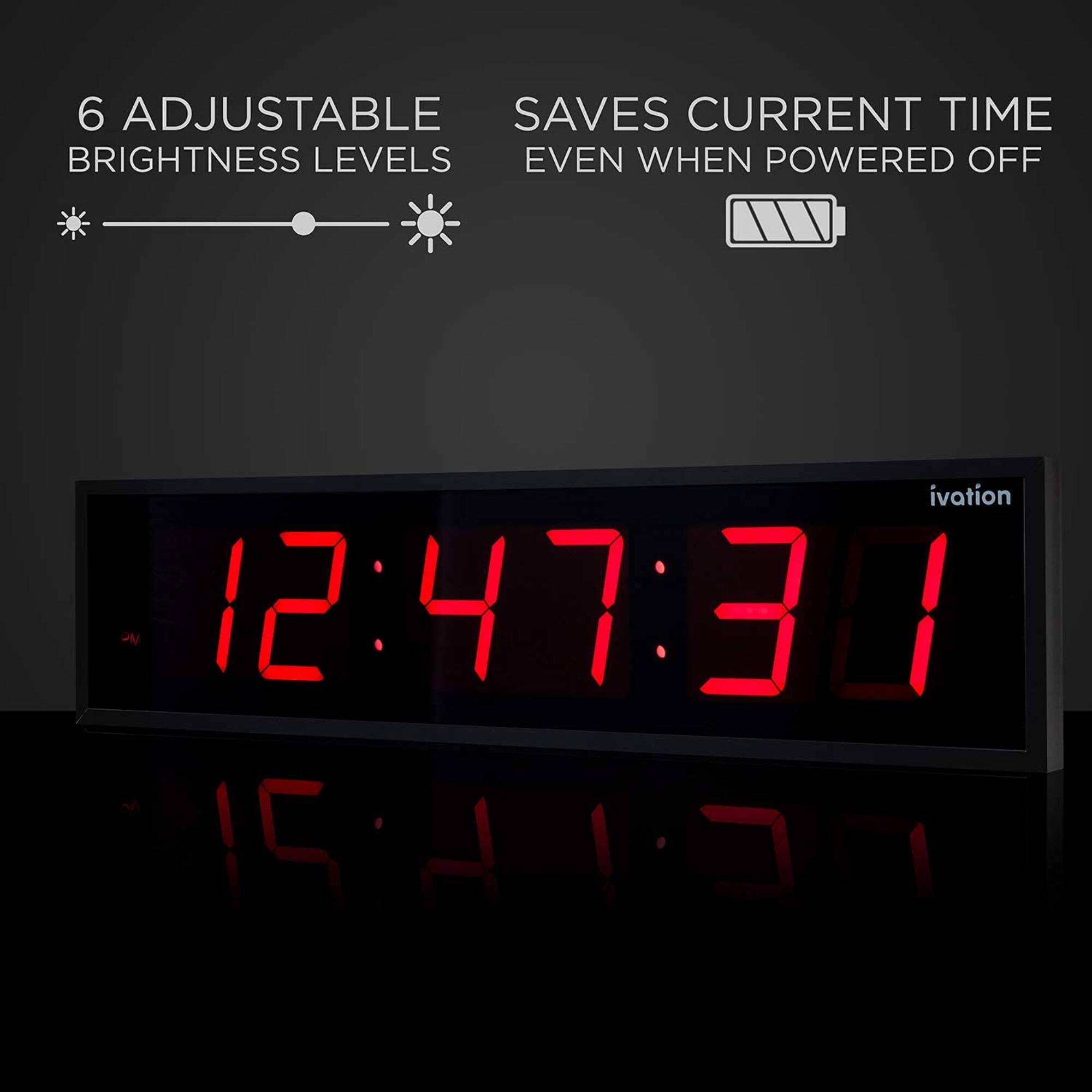 6 ADJUSTABLE BRIGHTNESS LEVELS, SAVES CURRENT TIME EVEN WHEN POWERED OFF, ivation, 12:47:30
