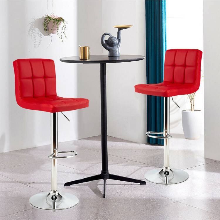 Angle. Hivvago - Set of 2 Modern Adjustable Height Barstools w/ Comfortable Red PU Leather Seat - Red.