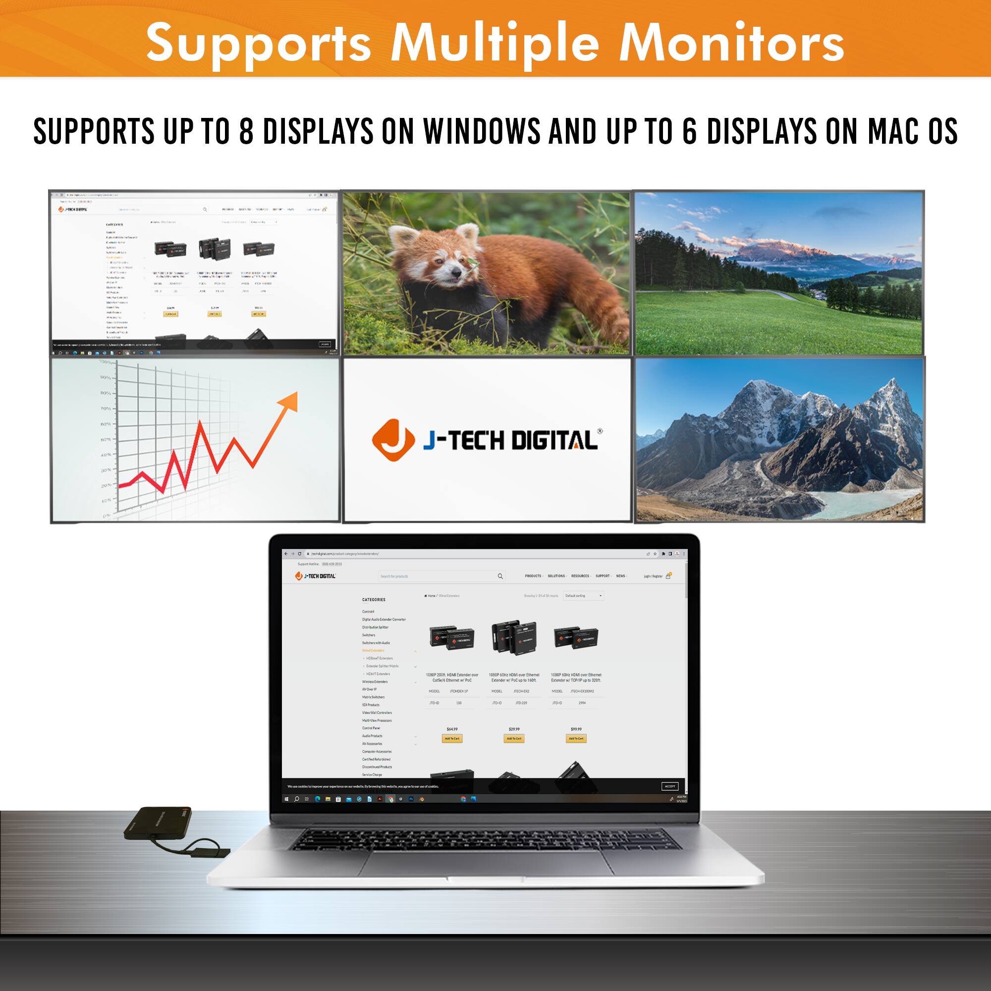 Supports Multiple Monitors

SUPPORTS UP TO 8 DISPLAYS ON WINDOWS AND UP TO 6 DISPLAYS ON MAC OS

J-TECH DIGITAL
