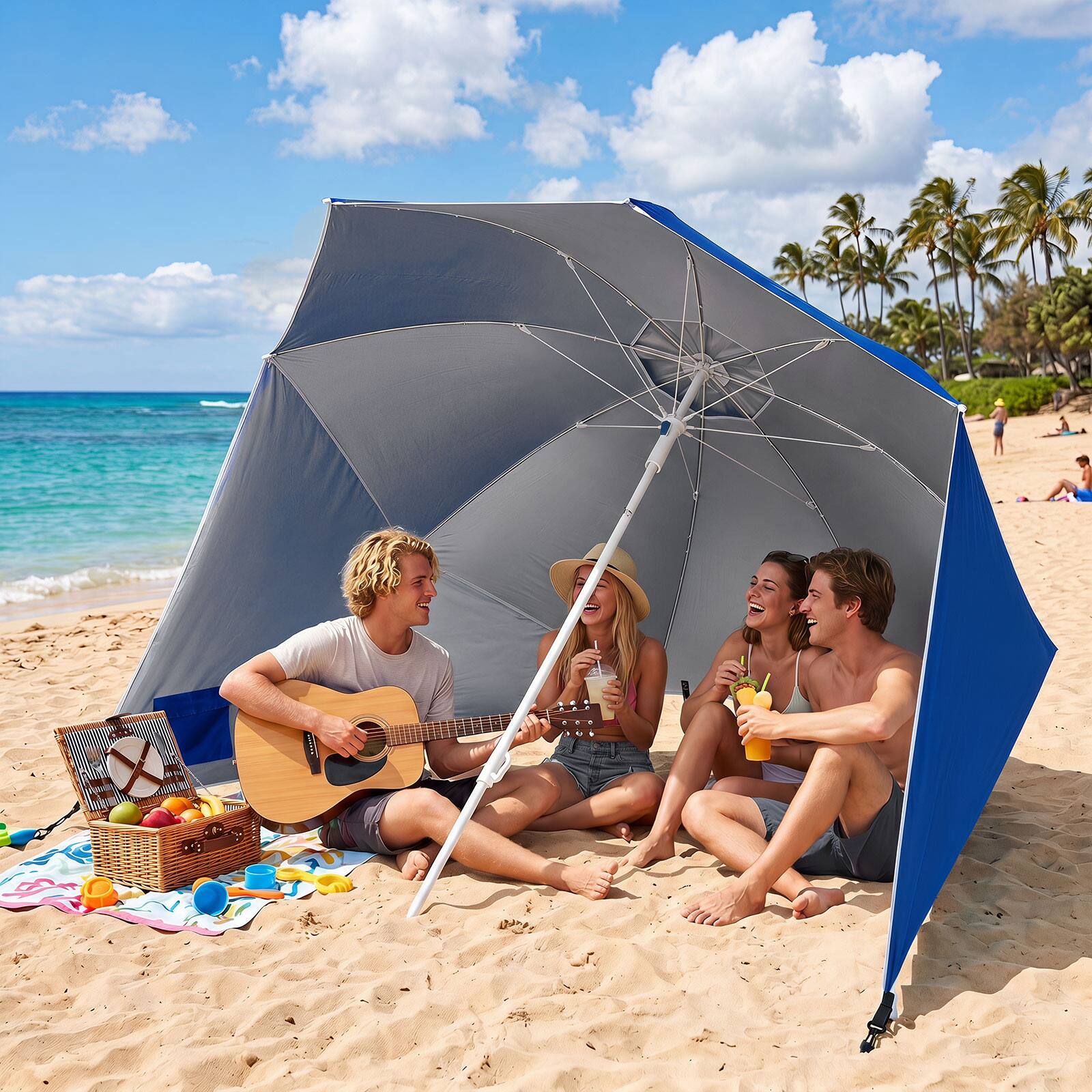 Alt View 4. Costway - Costway 2-In-1 Beach Shelter Umbrella with 2 Side Panels, Sand Anchor, Fiberglass Ribs - Blue.
