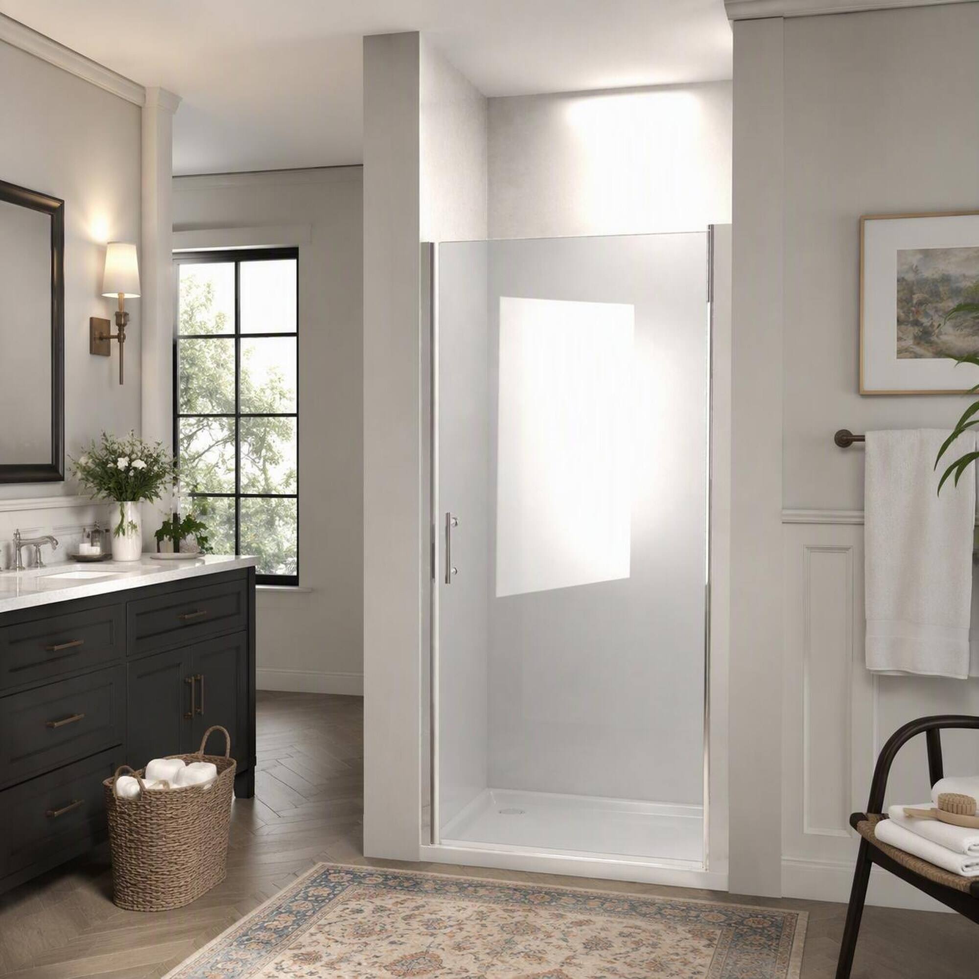 Angle. RYHNUYNE - 37-36" X 72" Pivot Shower Door With 1/4" Tempered Glass, Chrome Frame And Safety Film - Chrome.
