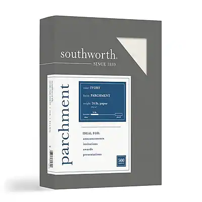 southworth
SINCE 1839
parchment
color IVORY
weight 24# parchment paper
IDEAL FOR:
invitations
awards
presentations
500