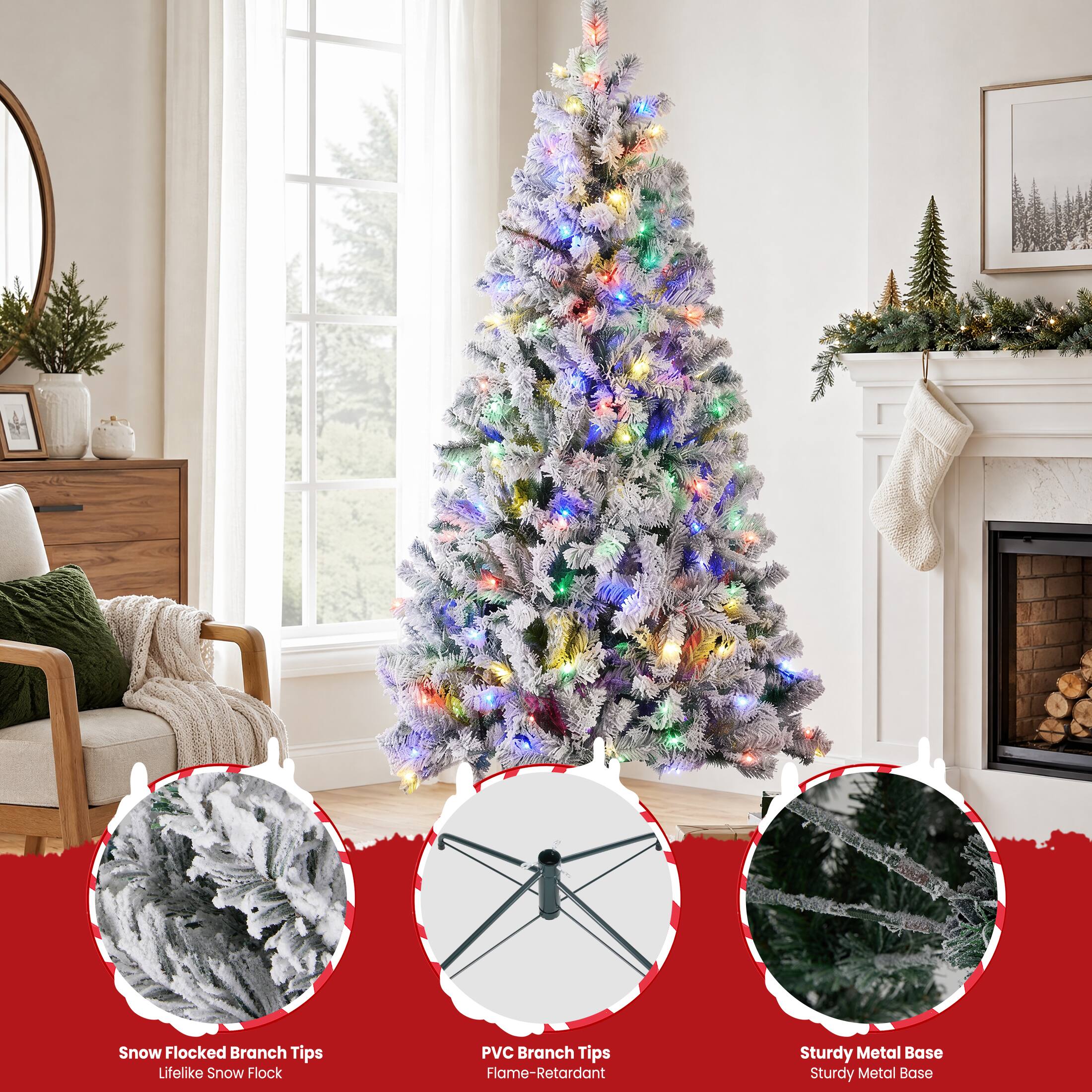 Sweetcrispy Pre Lit Flocked Artificial Christmas Tree w/ Multicolor LED ...