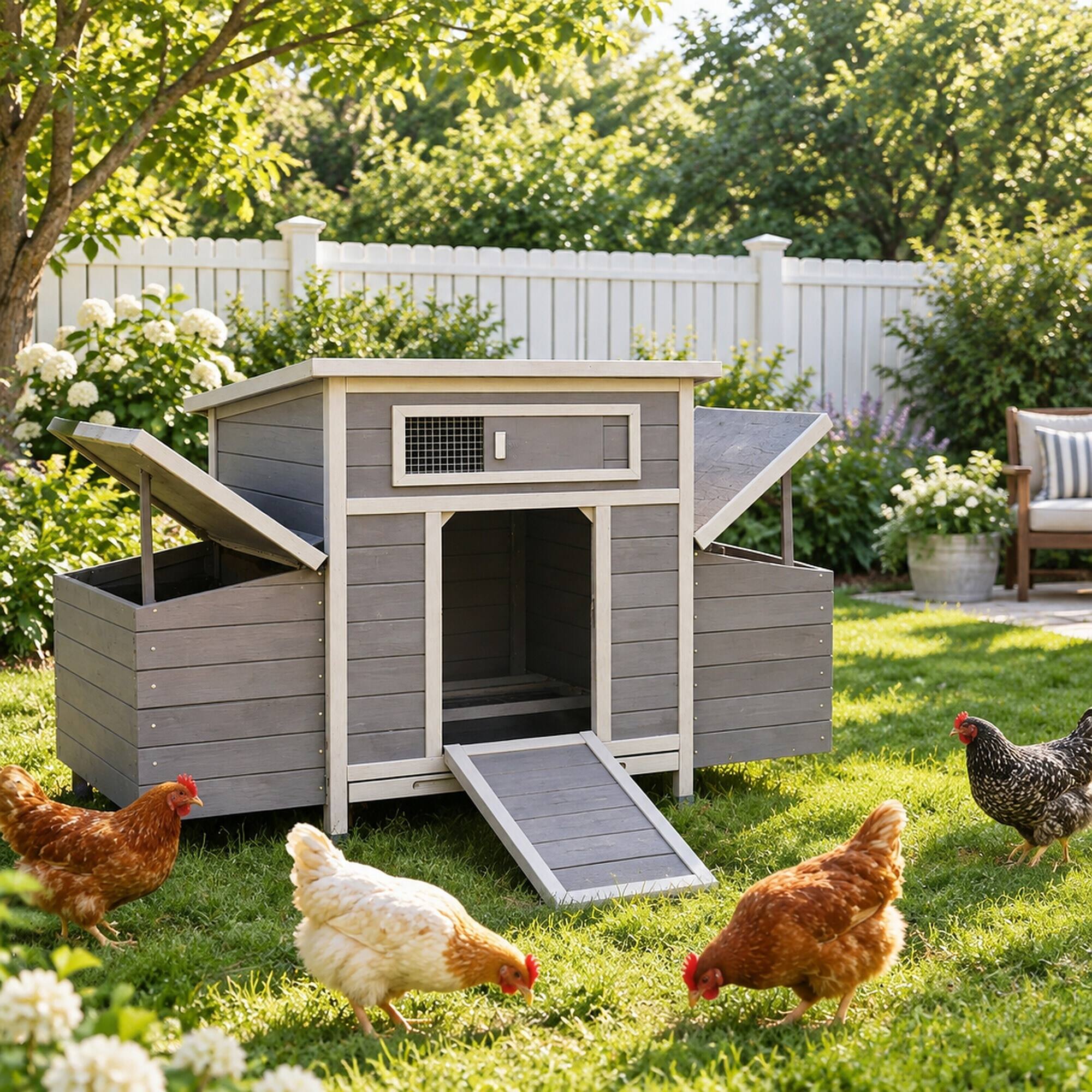 Alt View 2. RYHNUYNE - Gray Wooden Chicken Coop, Large Outdoor Hen House, Nesting Box, Run, Waterproof Panels.