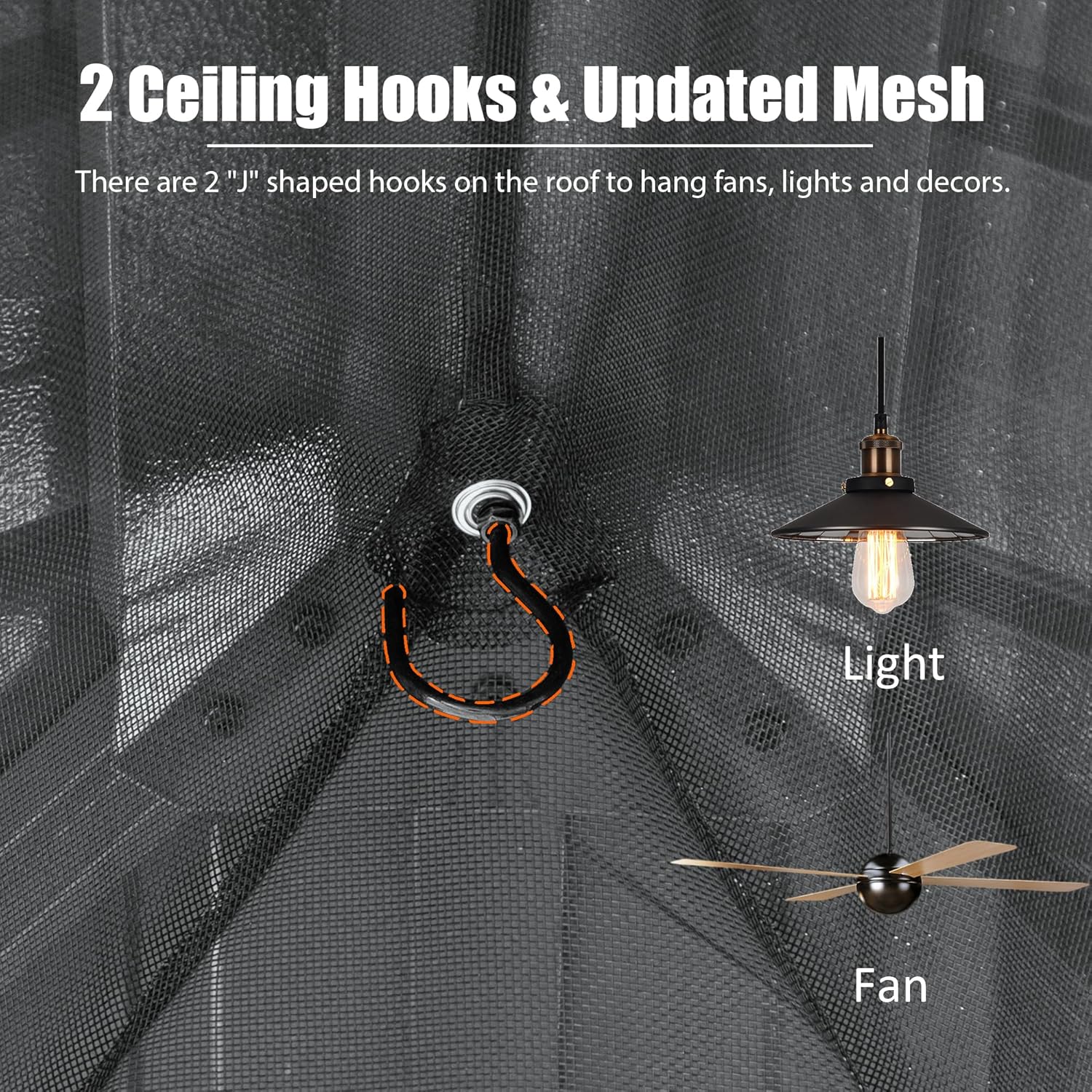2 Ceiling Hooks & Updated Mesh

There are 2 "J" shaped hooks on the roof to hang fans, lights and decors.