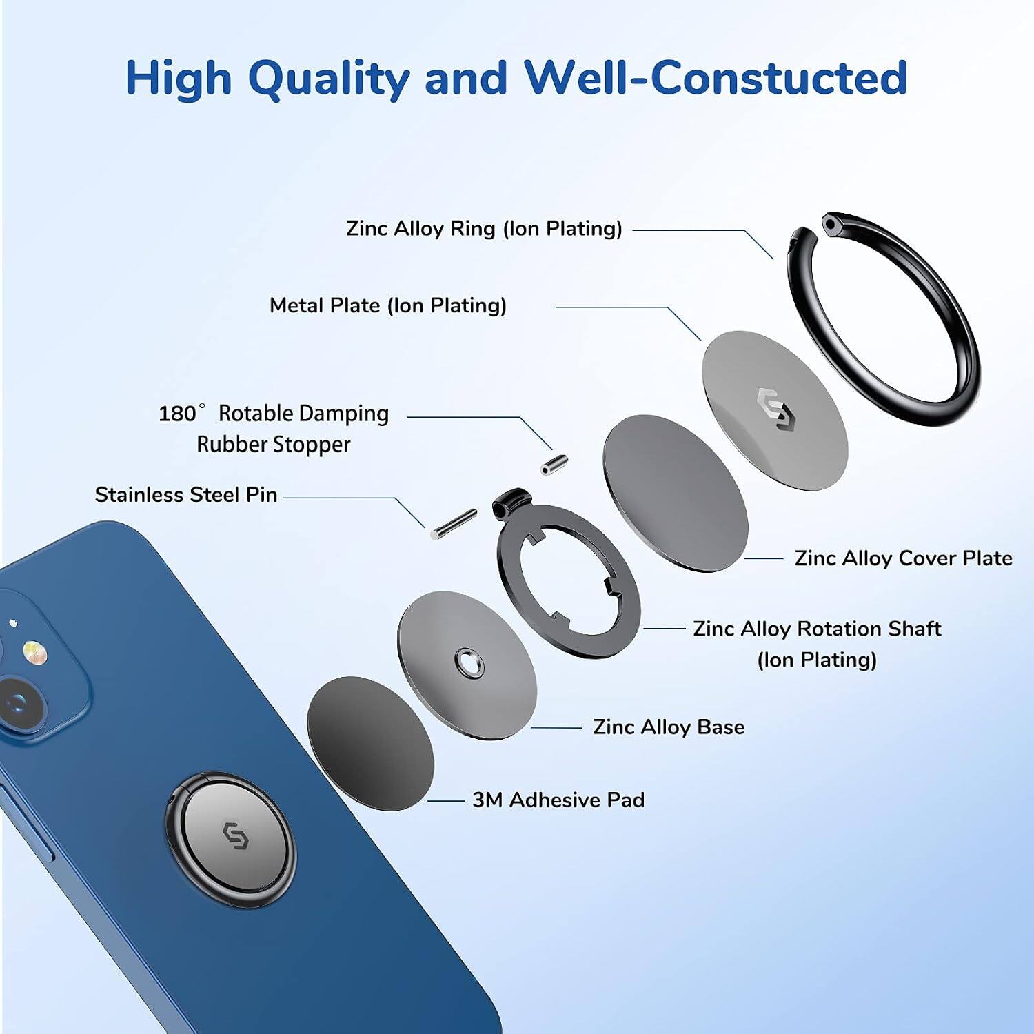 High Quality and Well-Constructed

- Zinc Alloy Ring (Ion Plating)
- Metal Plate (Ion Plating)
- 180° Rotable Damping Rubber Stopper
- Stainless Steel Pin
- Zinc Alloy Cover Plate
- Zinc Alloy Rotation Shaft (Ion Plating)
- Zinc Alloy Base
- 3M Adhesive Pad